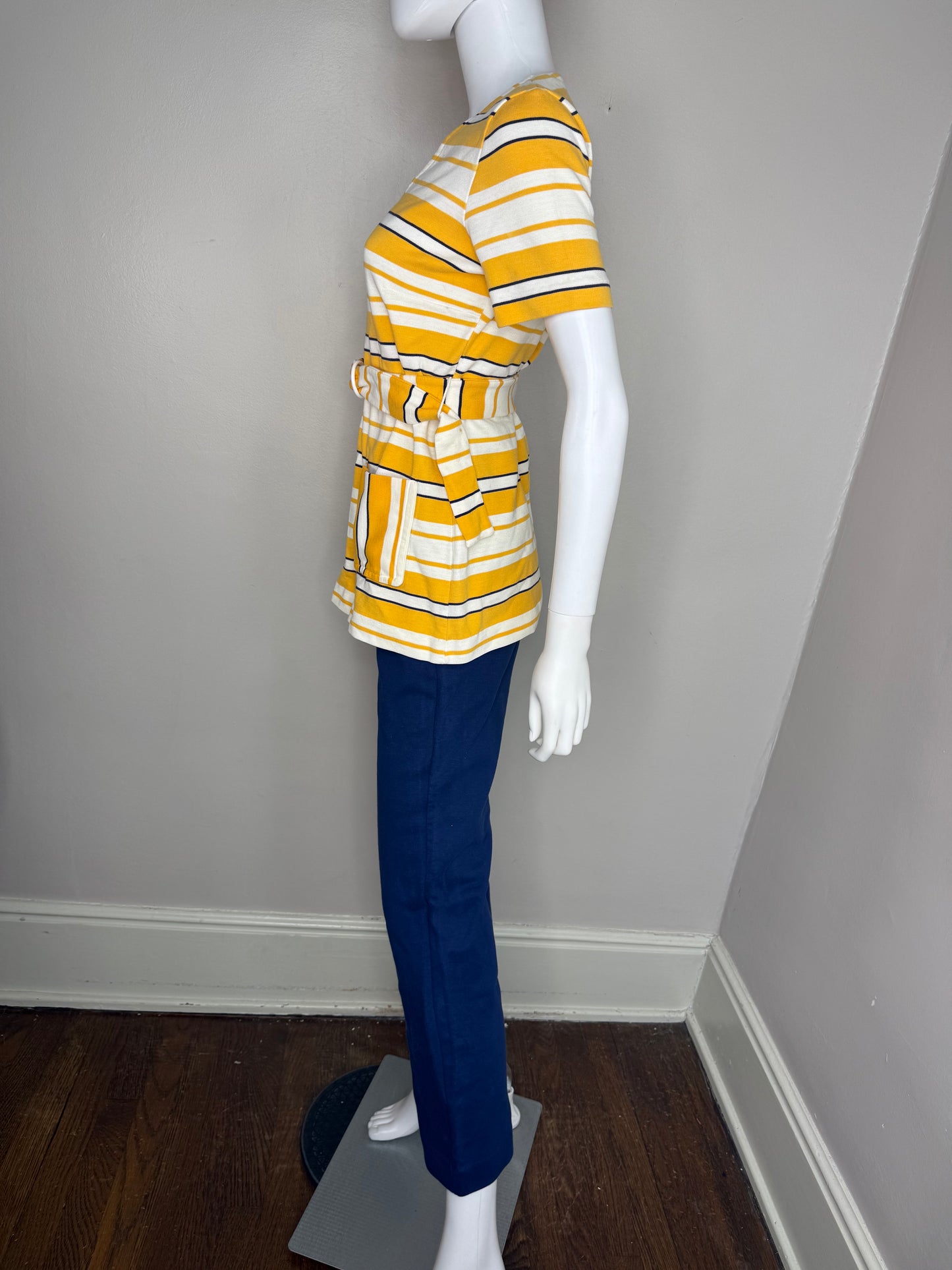 1960s Yellow Striped Tunic and Navy Blue Knit Pants Set, Jantzen Size XS-Small, V Neck Belted T-Shirt