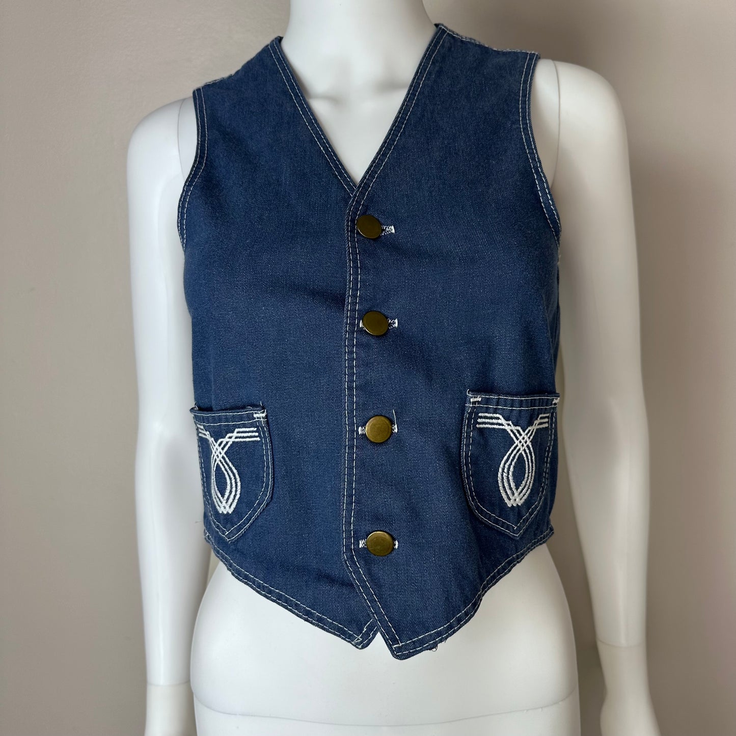 1970s Denim Vest, Western, Sportswear by Sears Youth Large/Adult XS