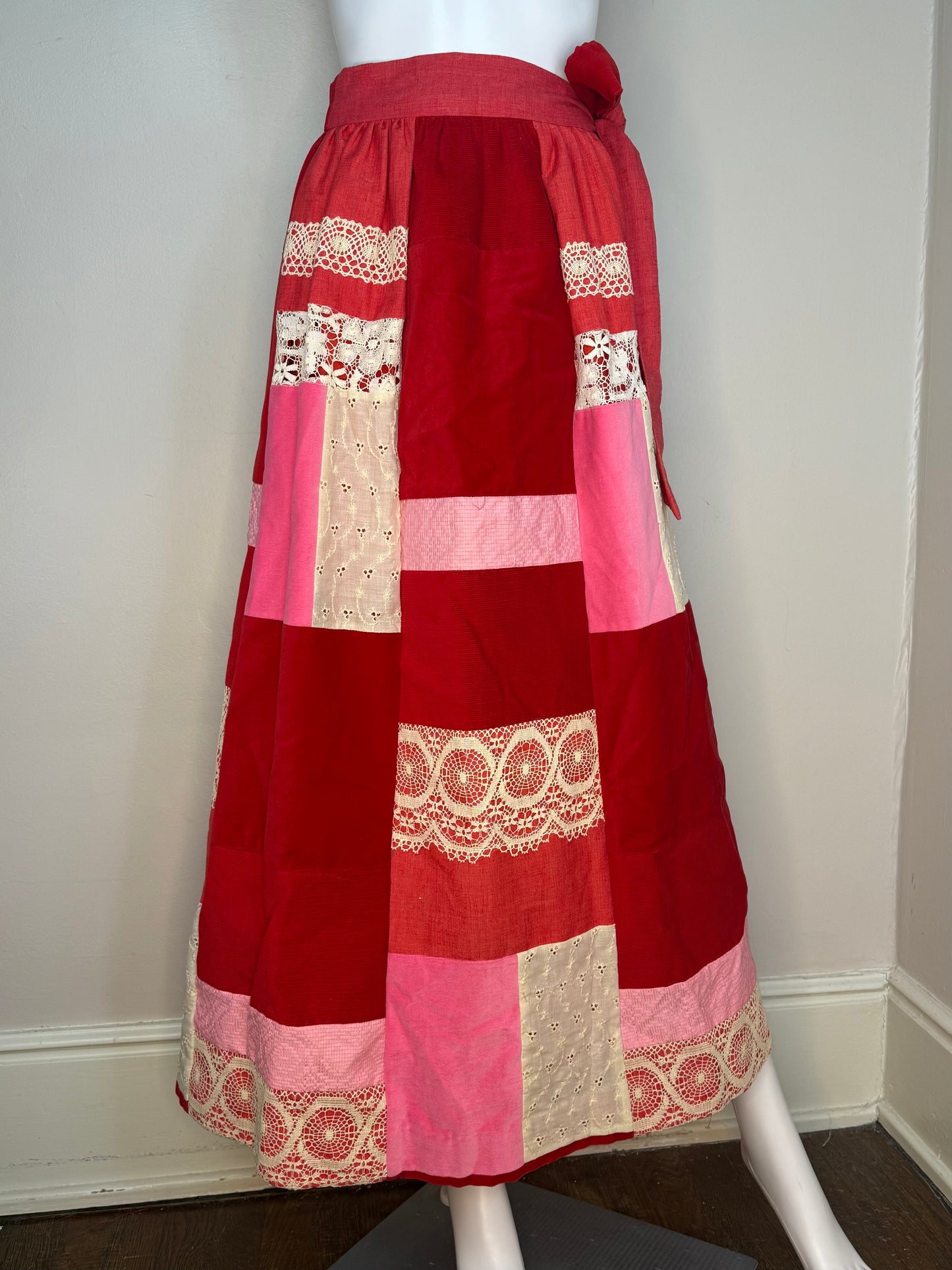1970s Red and Pink Patchwork Maxi Skirt, Velvet, Lace, Size XXS