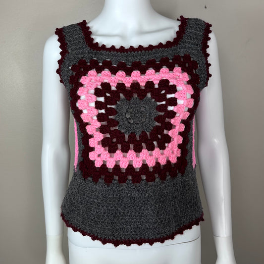 1970s Handmade Granny Square Sweater Vest, Grey and Pink Size XS-Small