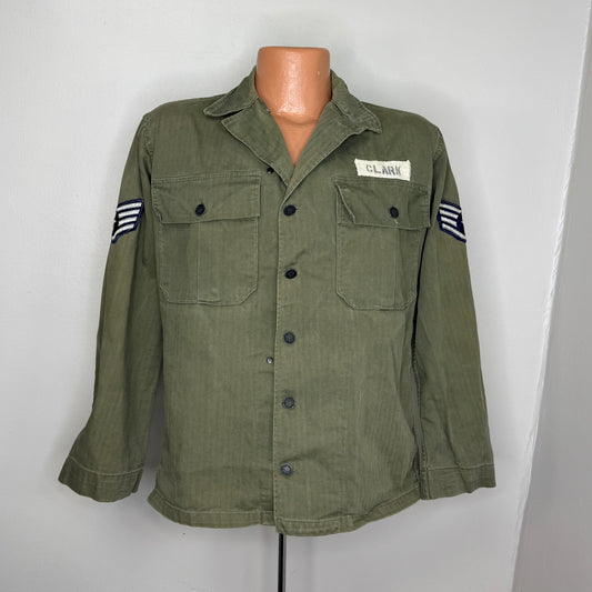 1940s/50s US Air Force HBT Jacket, Herringbone Twill, 13 Star Buttons, Military Shirt Size Small-Medium