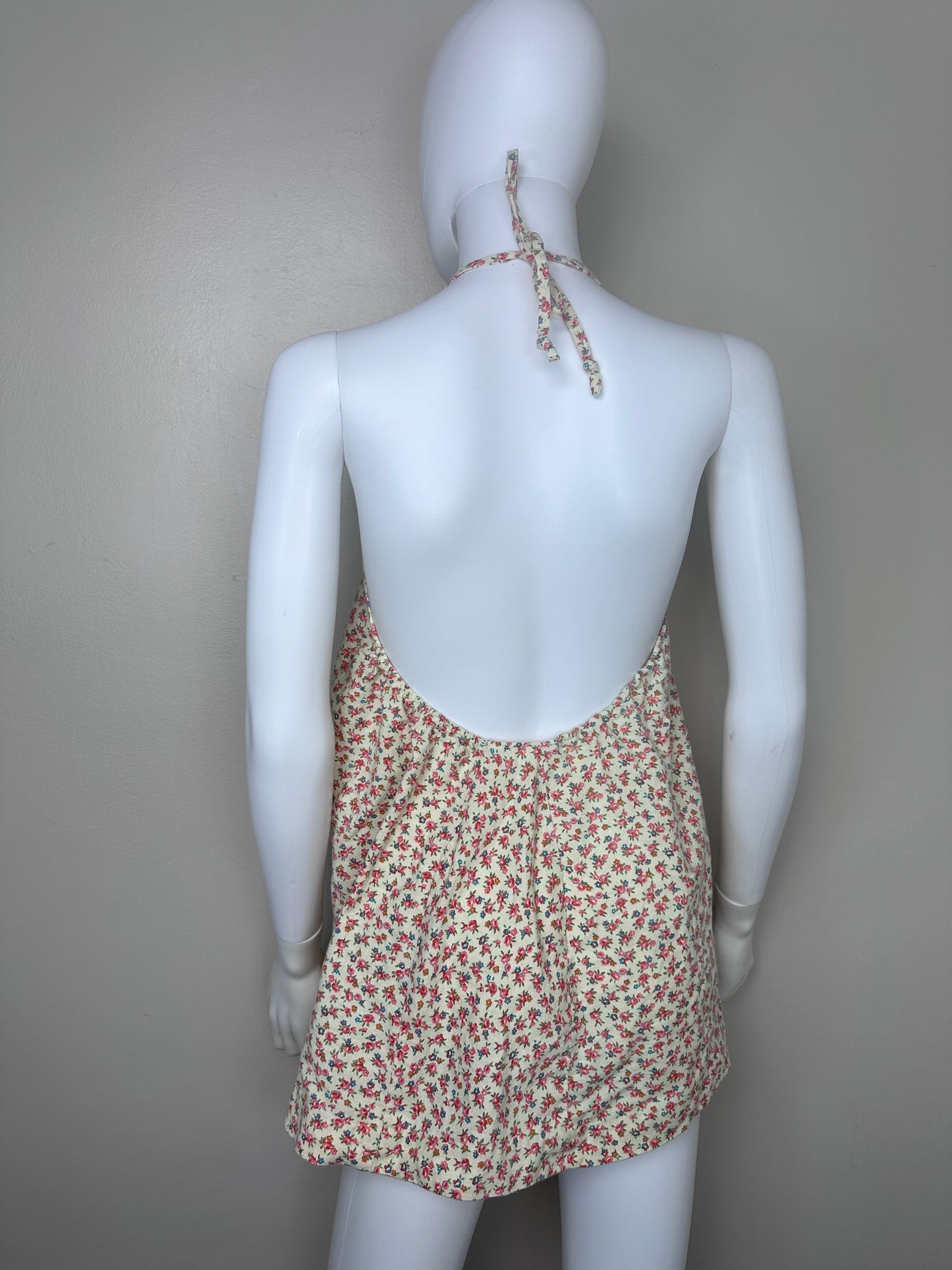 1970s Floral Halter Top Tunic, Micro Mini Dress, Handmade Size S/M, Open Back