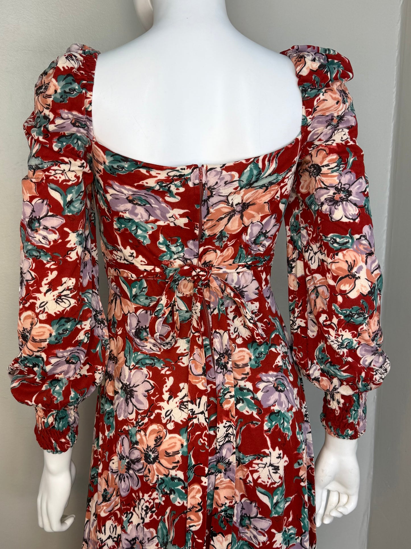 1970s Red Floral Maxi Dress, Jody T Size XS, Long Sleeve, Smocked Bodice, Full Skirt