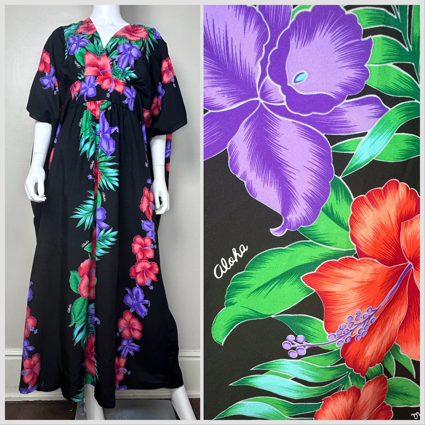 1970s/80s Black Hawaiian Floral Caftan Dress, Helena’s Hawaii, Loungewear, Open Sizing