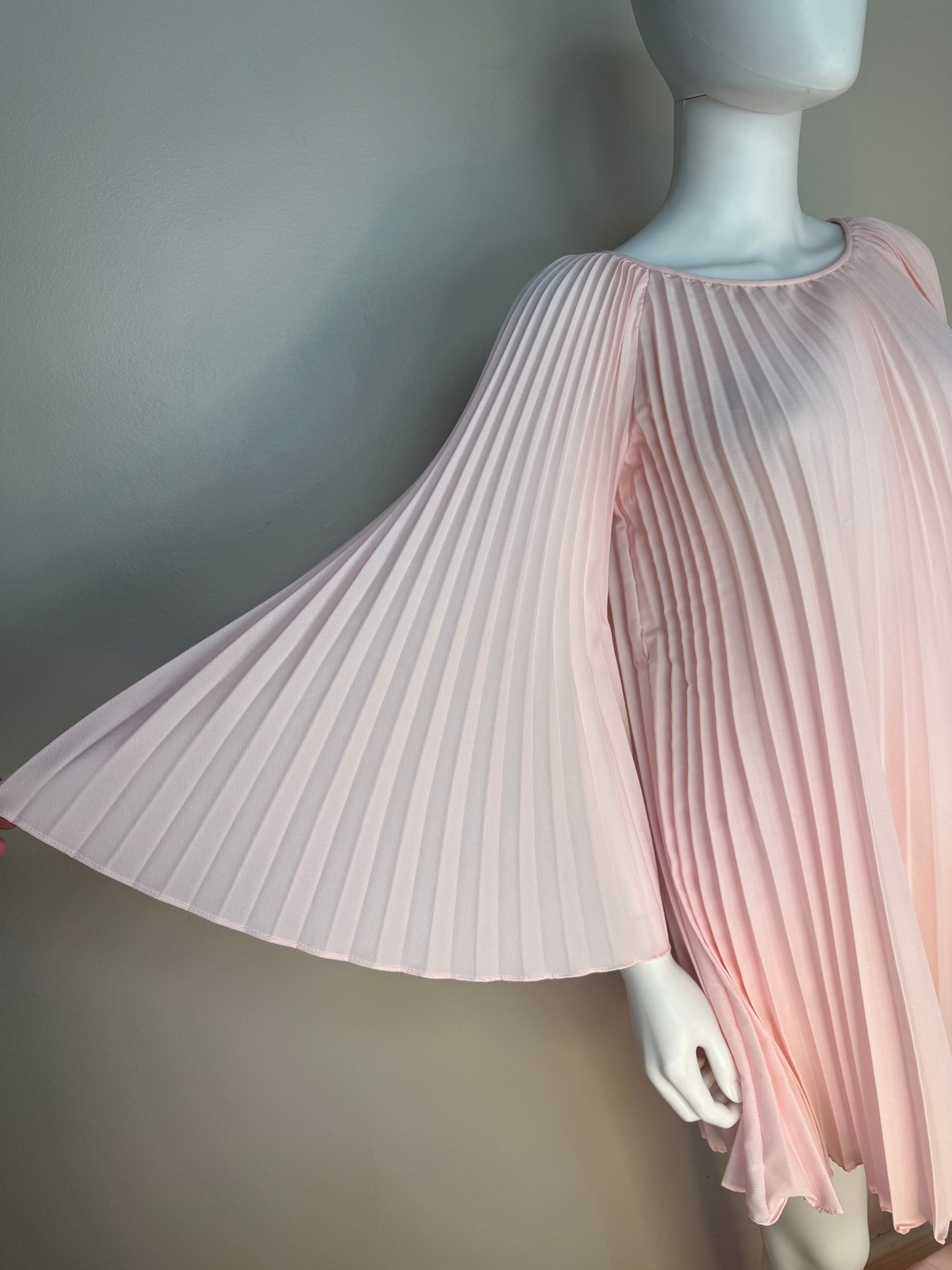 1960s Pastel Pink Pleated Mini Dress and Palazzo Pants Set, Bell Sleeves, Extra Wide Legs, Size XS-Small