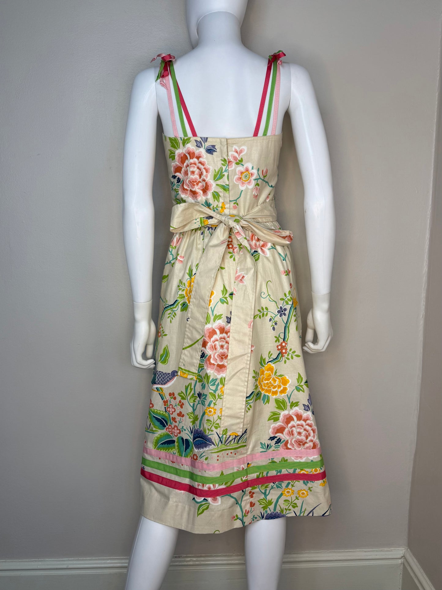 1980s Birds and Floral Sundress, Blair Woolverton Size XS, Sleeveless Dress, Grossgrain Ribbon Straps and Trim