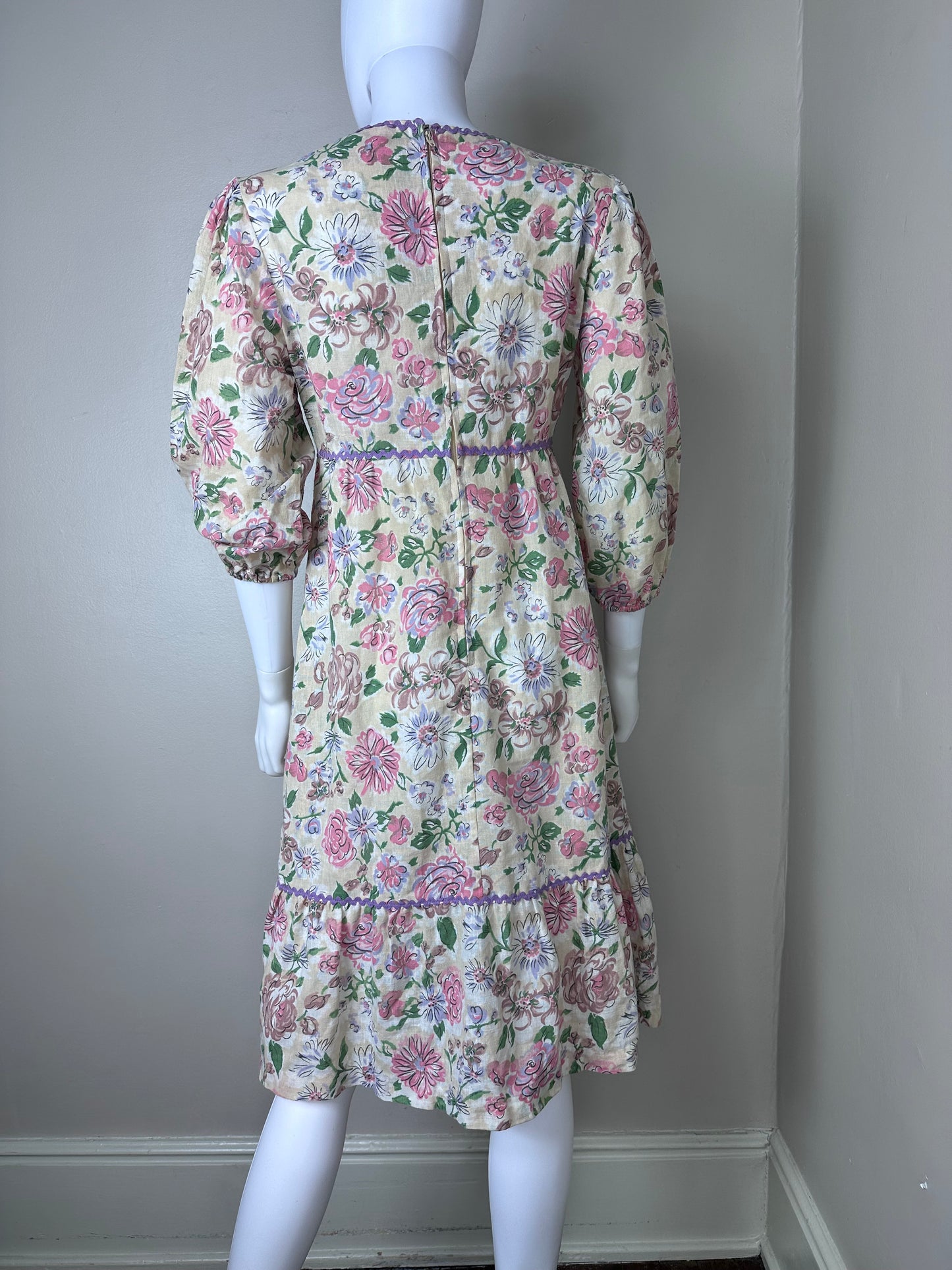 1970s Cream and Pink Floral Midi Dress, Size Small, Prairie Peasant