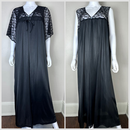 1970s Plus Size Peignoir Set, Size 3X, Black Full Length Nightgown and Robe