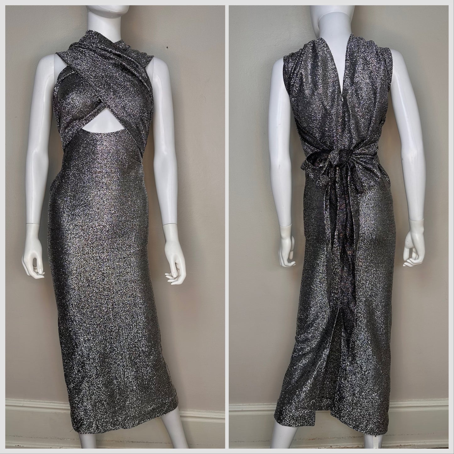 1970s Disco Black and Silver Lurex Convertible Dress Size XXS/XS