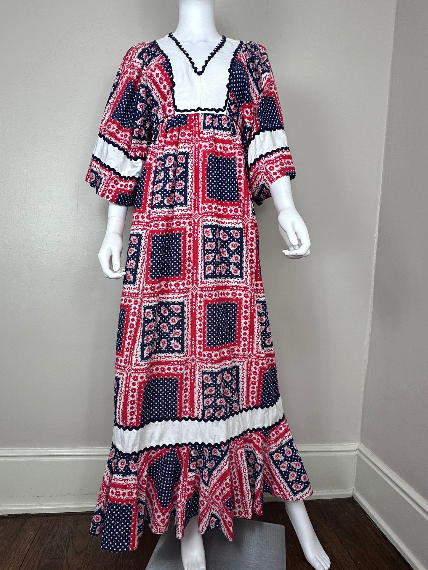 1970s Bandana Print Maxi Caftan Dress with Bell Sleeves, Young Innocent by Arpeja Size XS