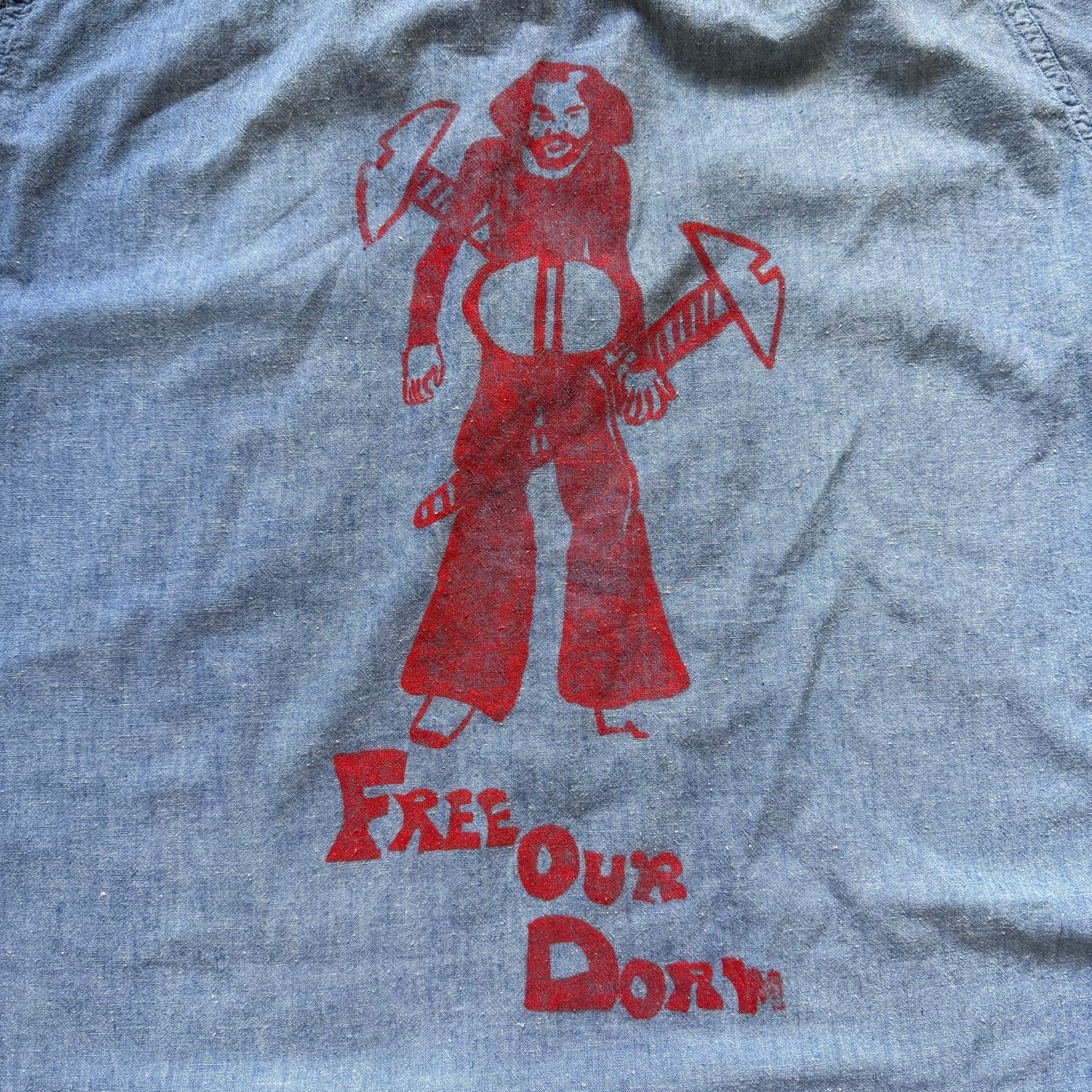 1960s Lace Up Chambray Shirt with Hippie Counter Culture Protest Print, The Surfer Size Large, Free Our Dorm