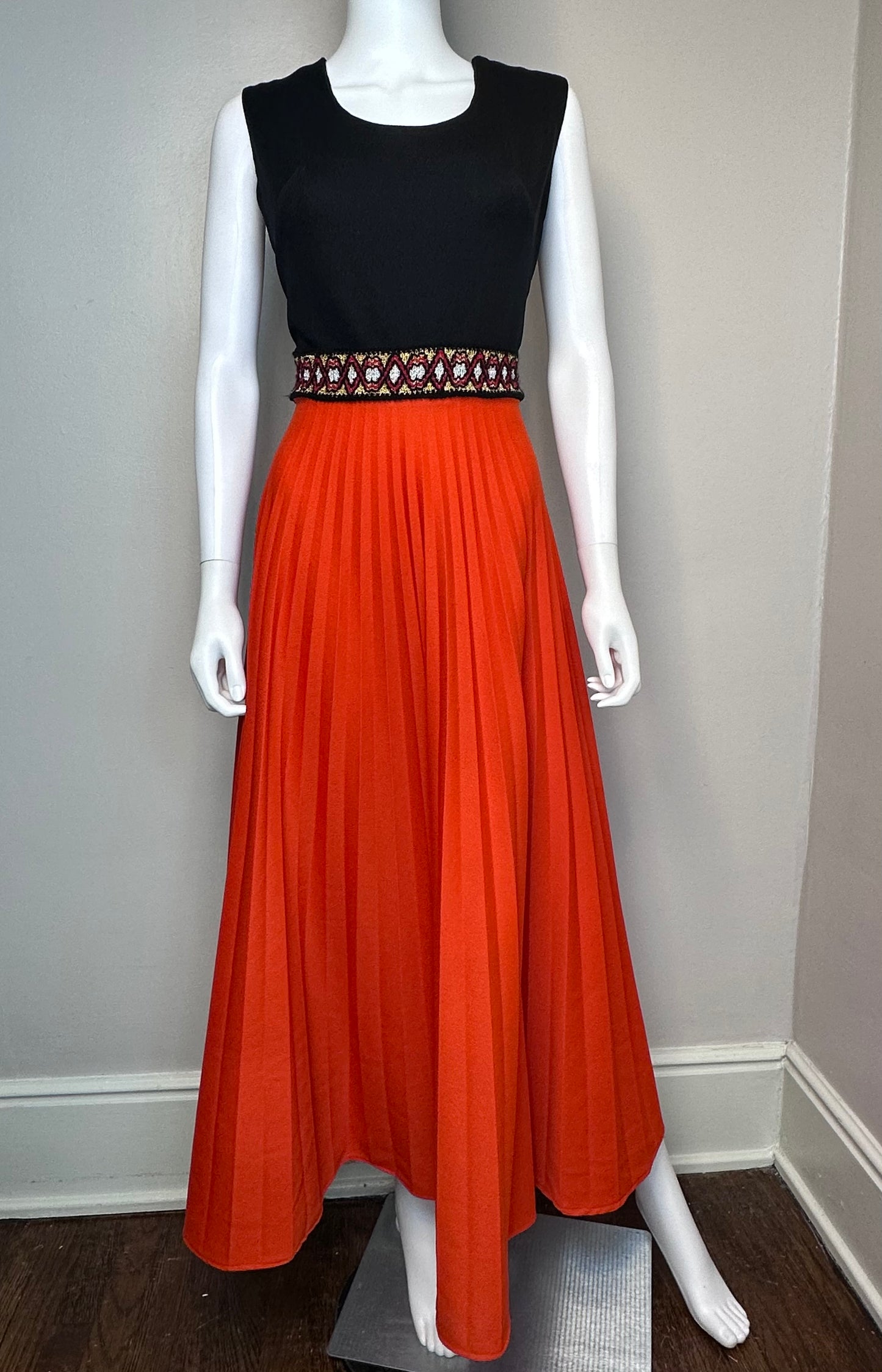 1970s Black and Orange Maxi Dress, Size Small-Medium, Halloween