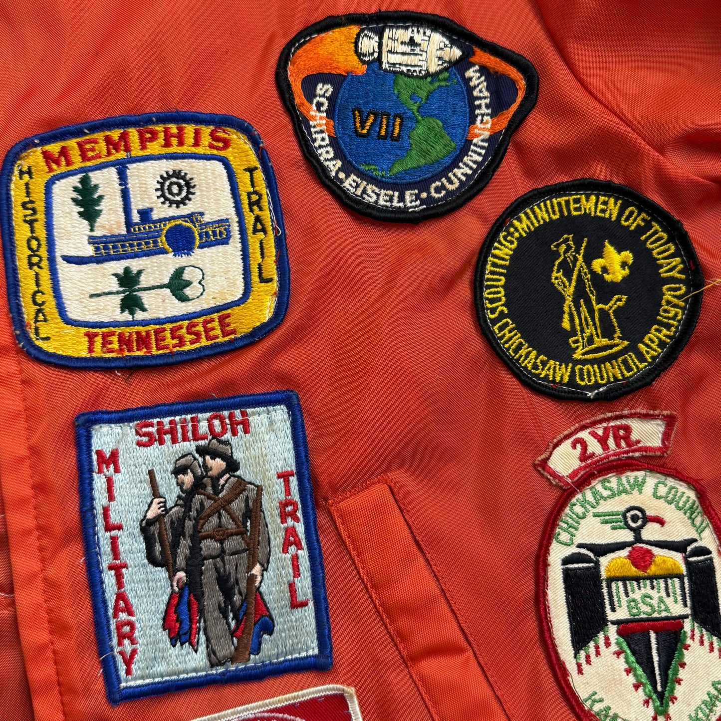 1960s Orange Nylon Jacket with 60s/70s Boy Scouts Camp Patches, Size Medium, Order of the Arrow, BSA