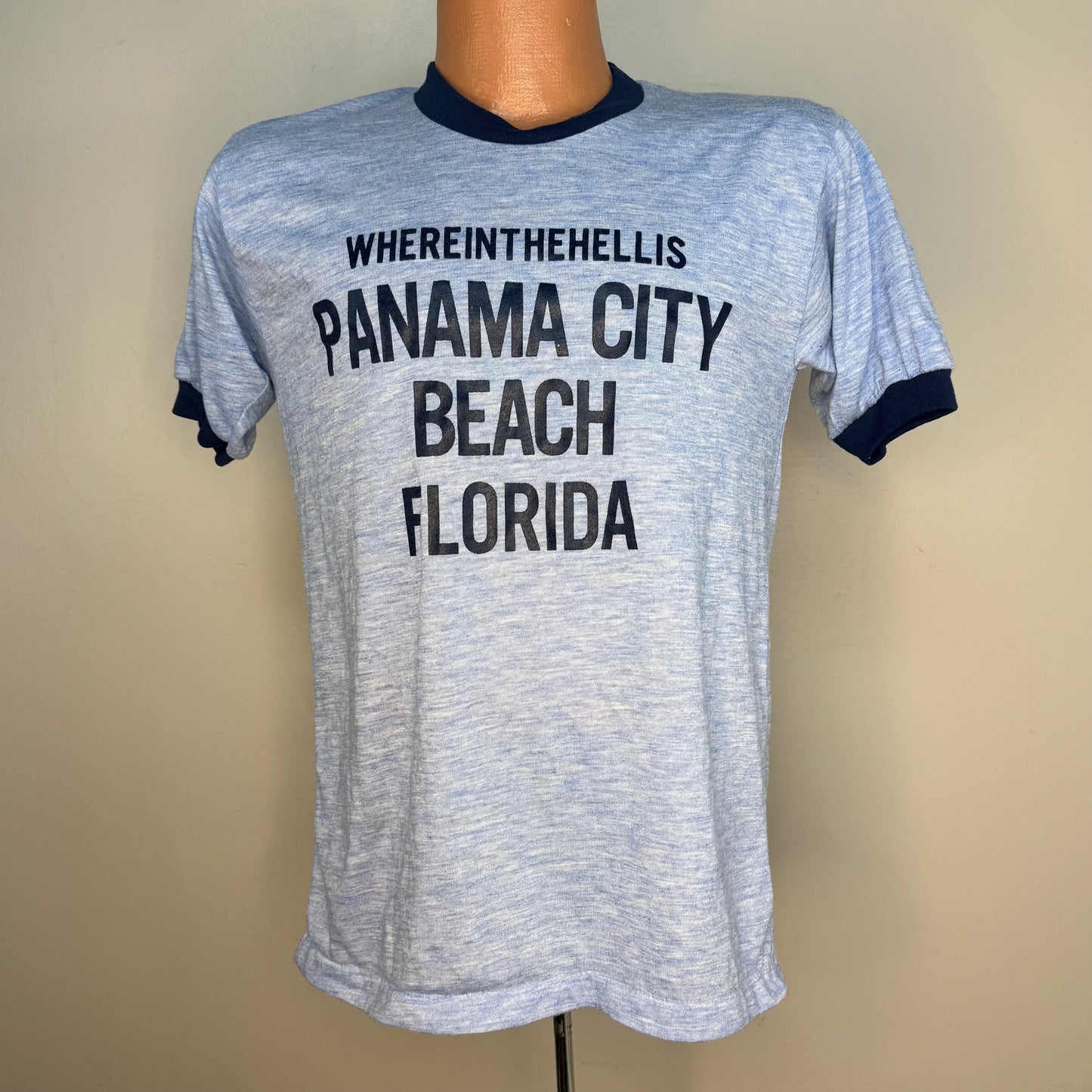 1970s Whereinthehellis Panama City Beach Florida T-Shirt, Allison Size S/M, Blue Ringer Tee