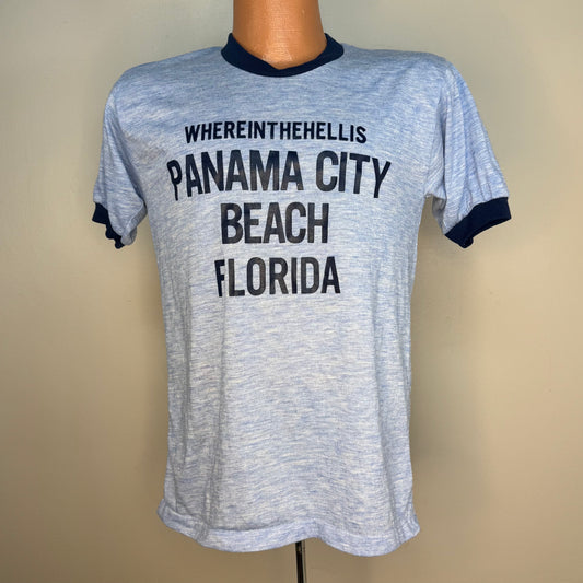 1970s Whereinthehellis Panama City Beach Florida T-Shirt, Allison Size S/M, Blue Ringer Tee