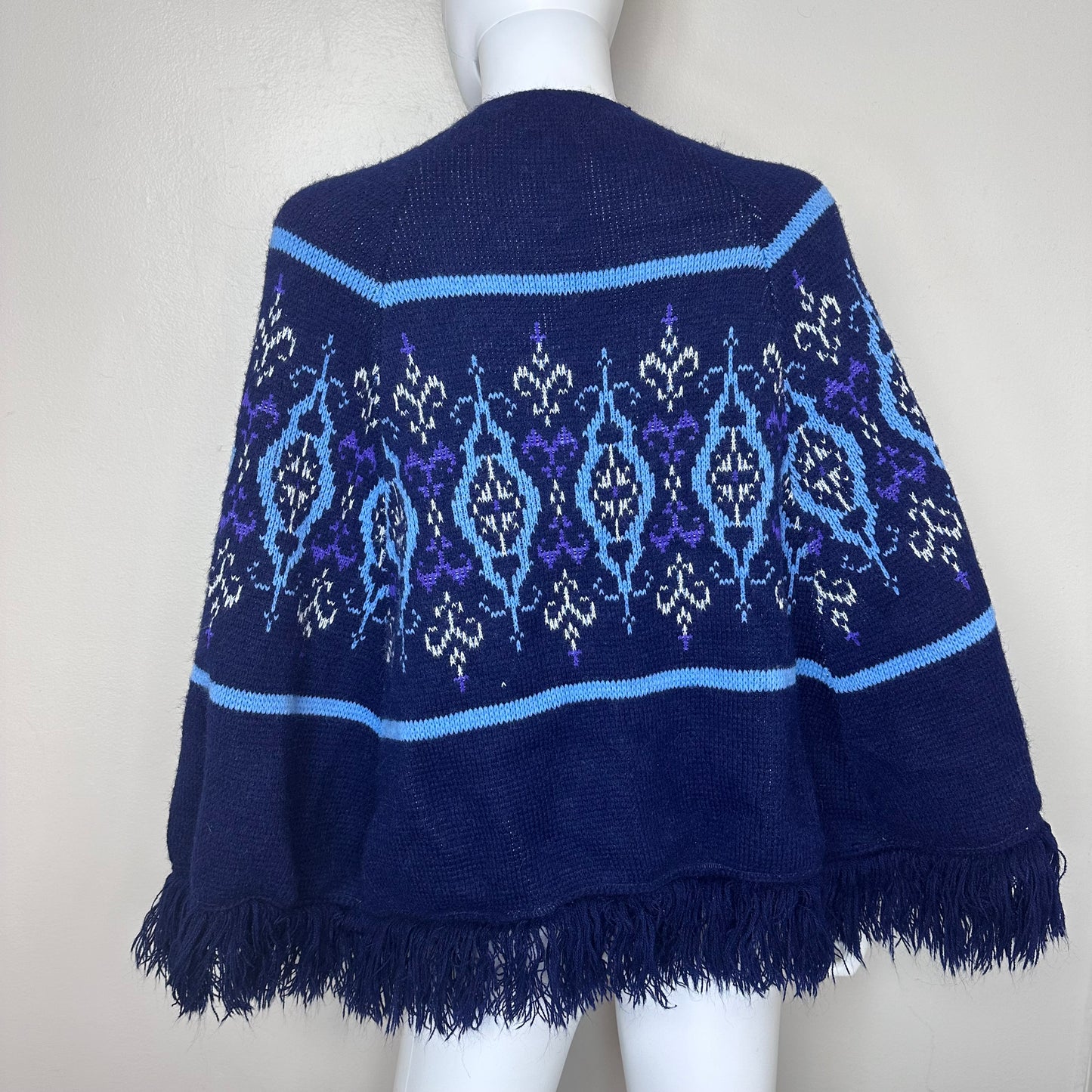 1970s Blue Intarsia Knitted Cape, Sturbridge, Poncho