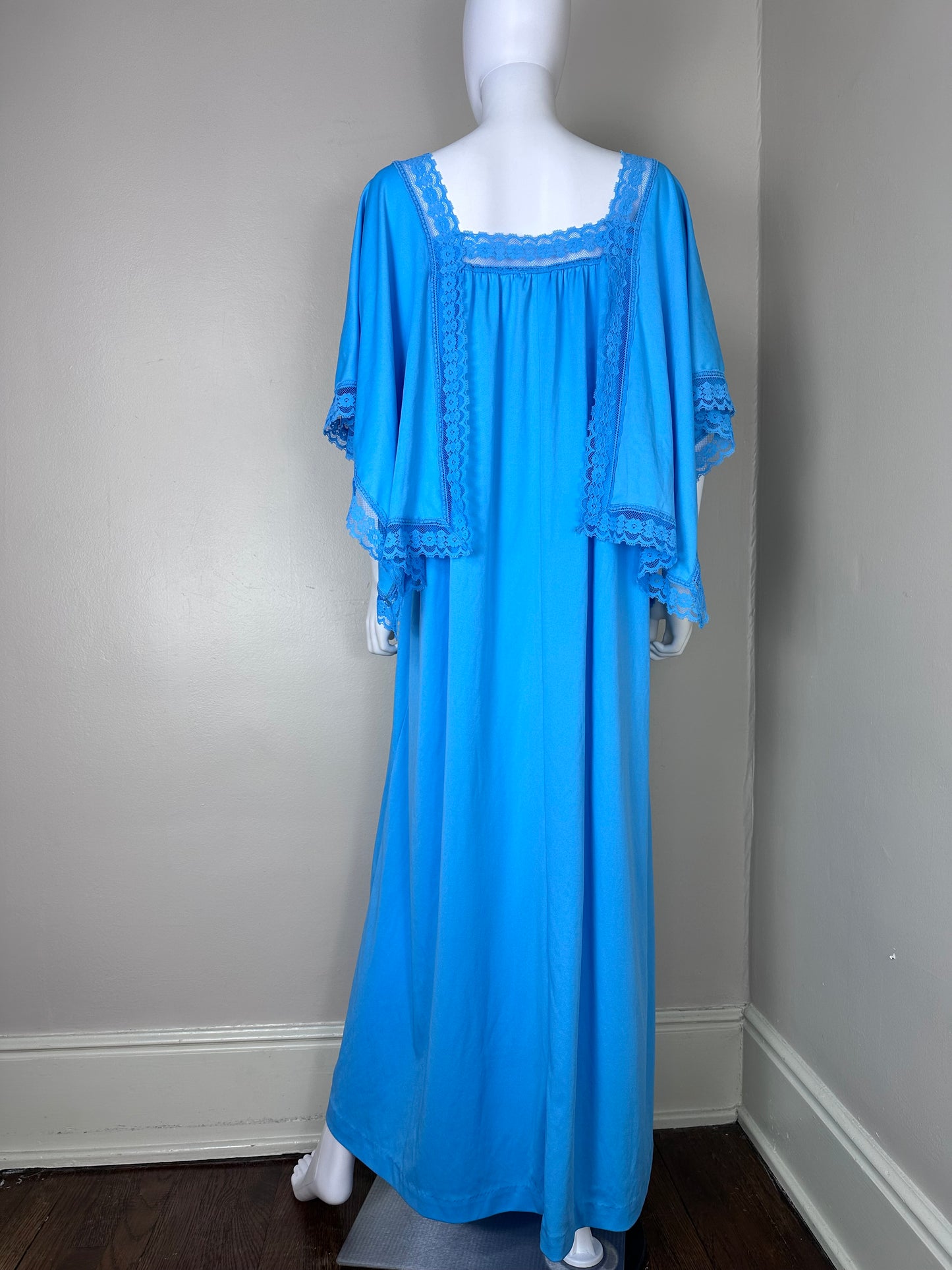 1970s Bright Blue Boho Maxi Dress with Large Handkerchief Sleeves, Size XXL, Muumuu Caftan