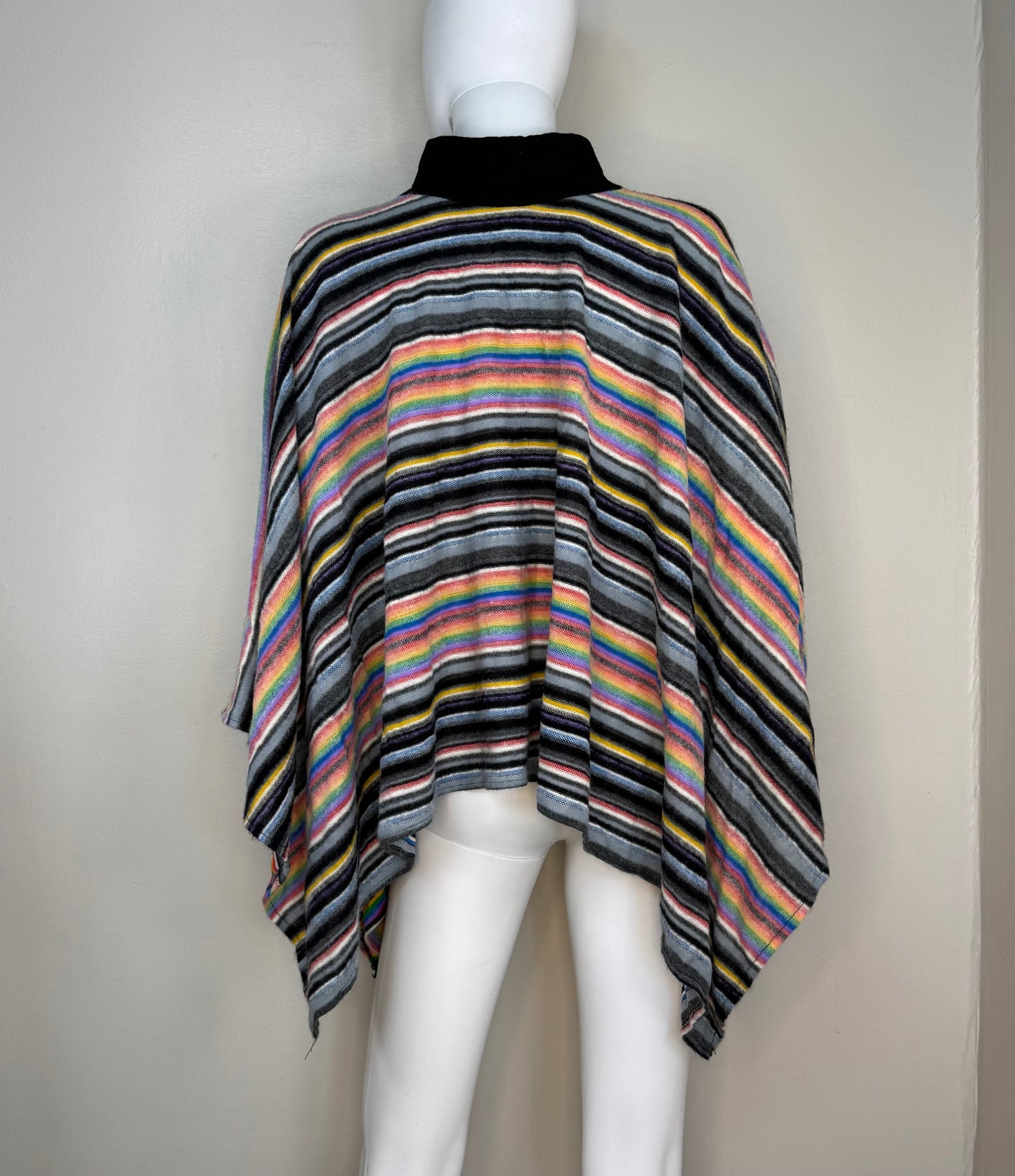 1970s Rainbow Stripe Fuzzy Poncho, Knit Turtleneck, One Size Fits All