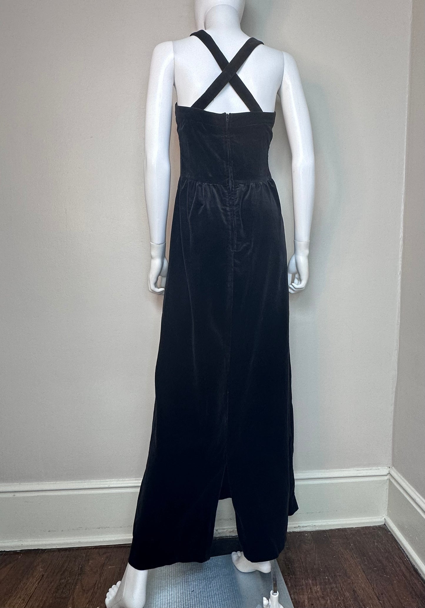 1960s Black Velvet Sleeveless Maxi Dress, Lanz Size XS