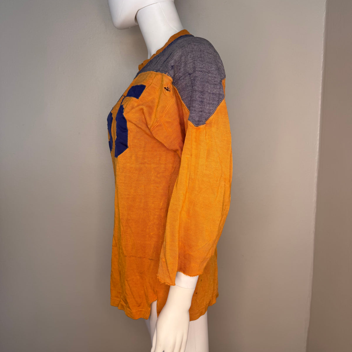 1950s Orange and Blue Durene Jersey, Appliqué No 55, Faded and Distressed, Size Medium