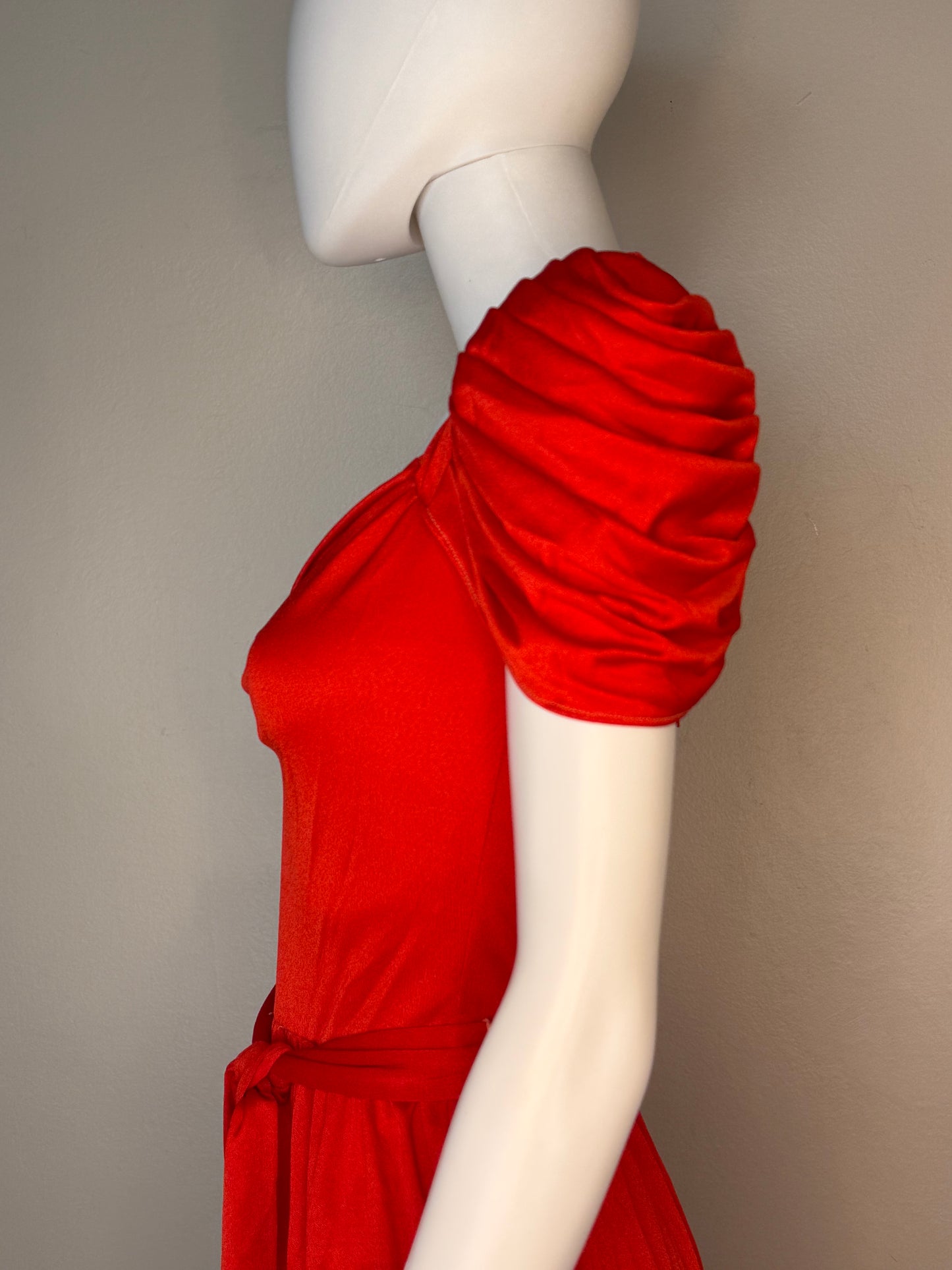 1970s/80s Red Disco Jumpsuit, Size XS/Small, Shiny, Ruching, Open Back