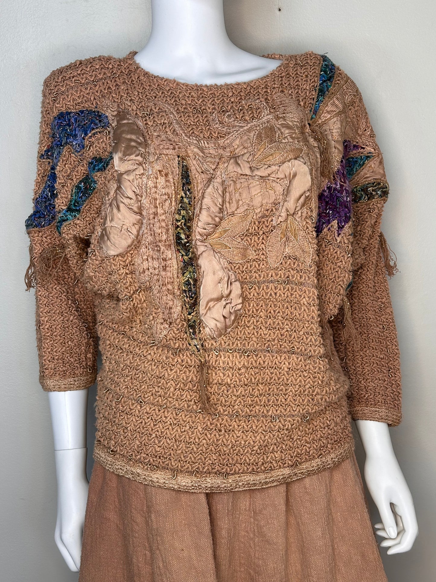 1980s Mocha Sweater and Skirt Set, Principe di Capri Size Small-Medium, 3D Appliqué, Wearable Art