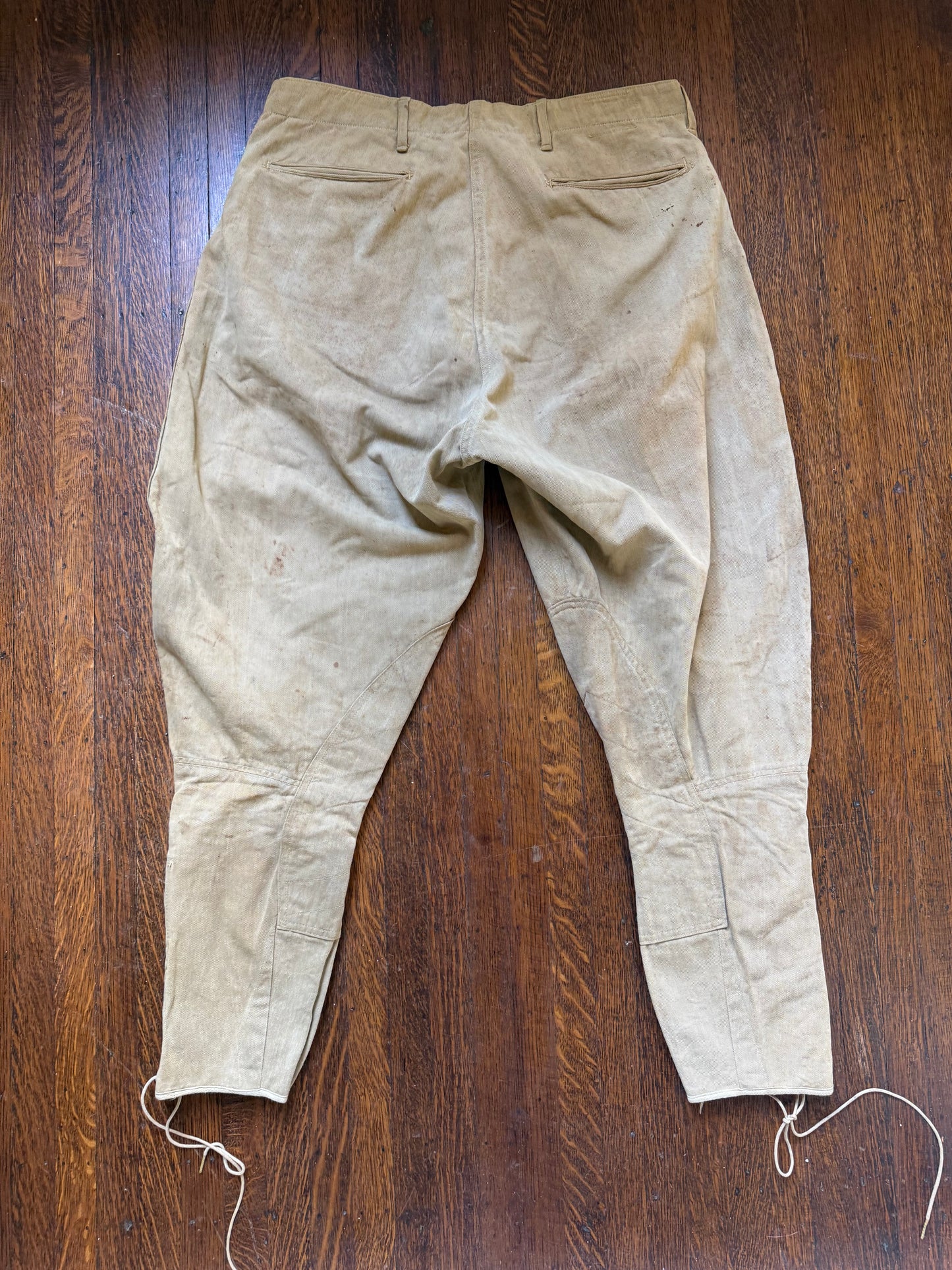 1910s WW1 Khaki Canvas Jodhpurs Pants, Summer Riding Breeches, Distressed Patina, 33"x26.25"