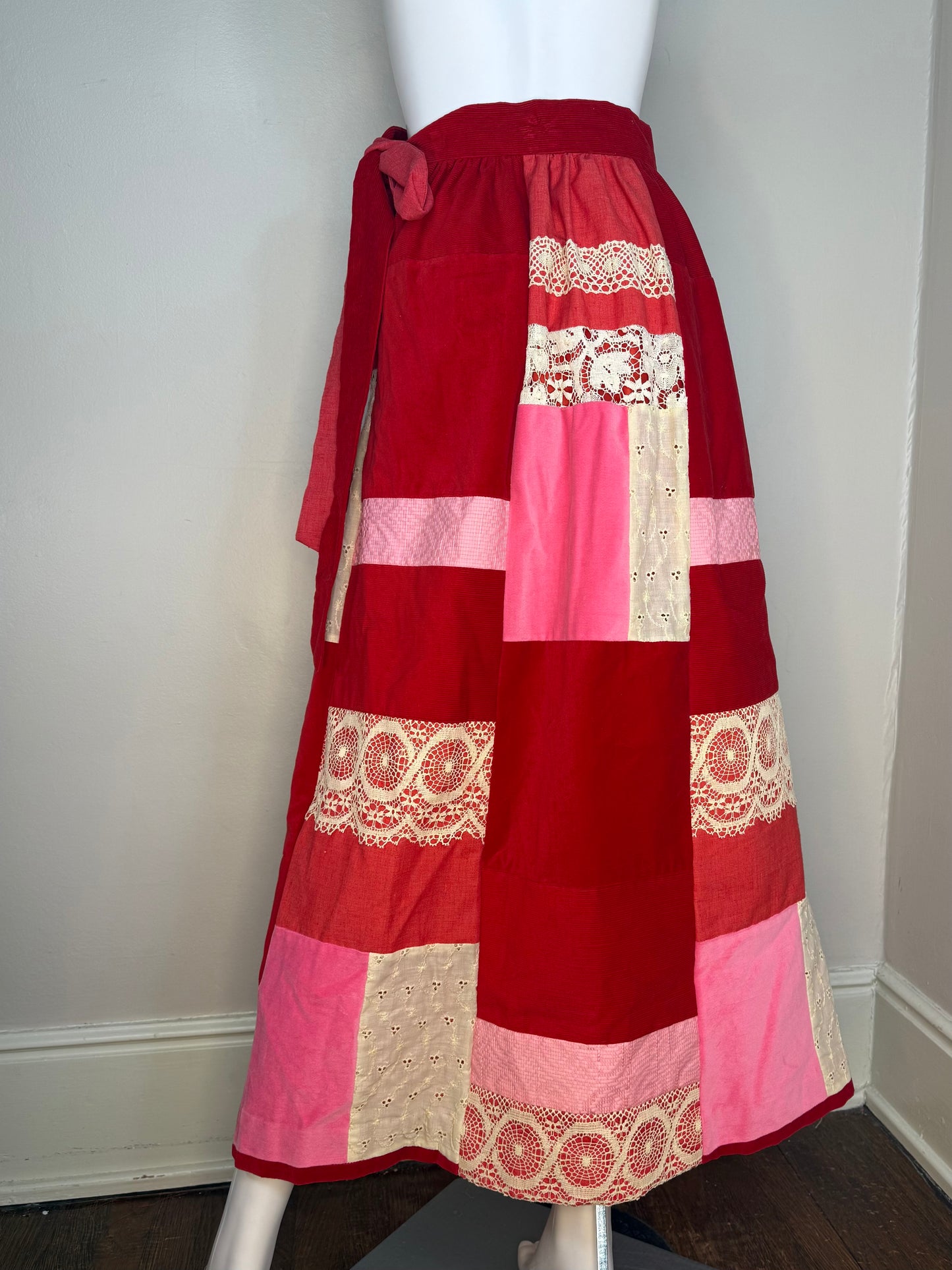 1970s Red and Pink Patchwork Maxi Skirt, Velvet, Lace, Size XXS