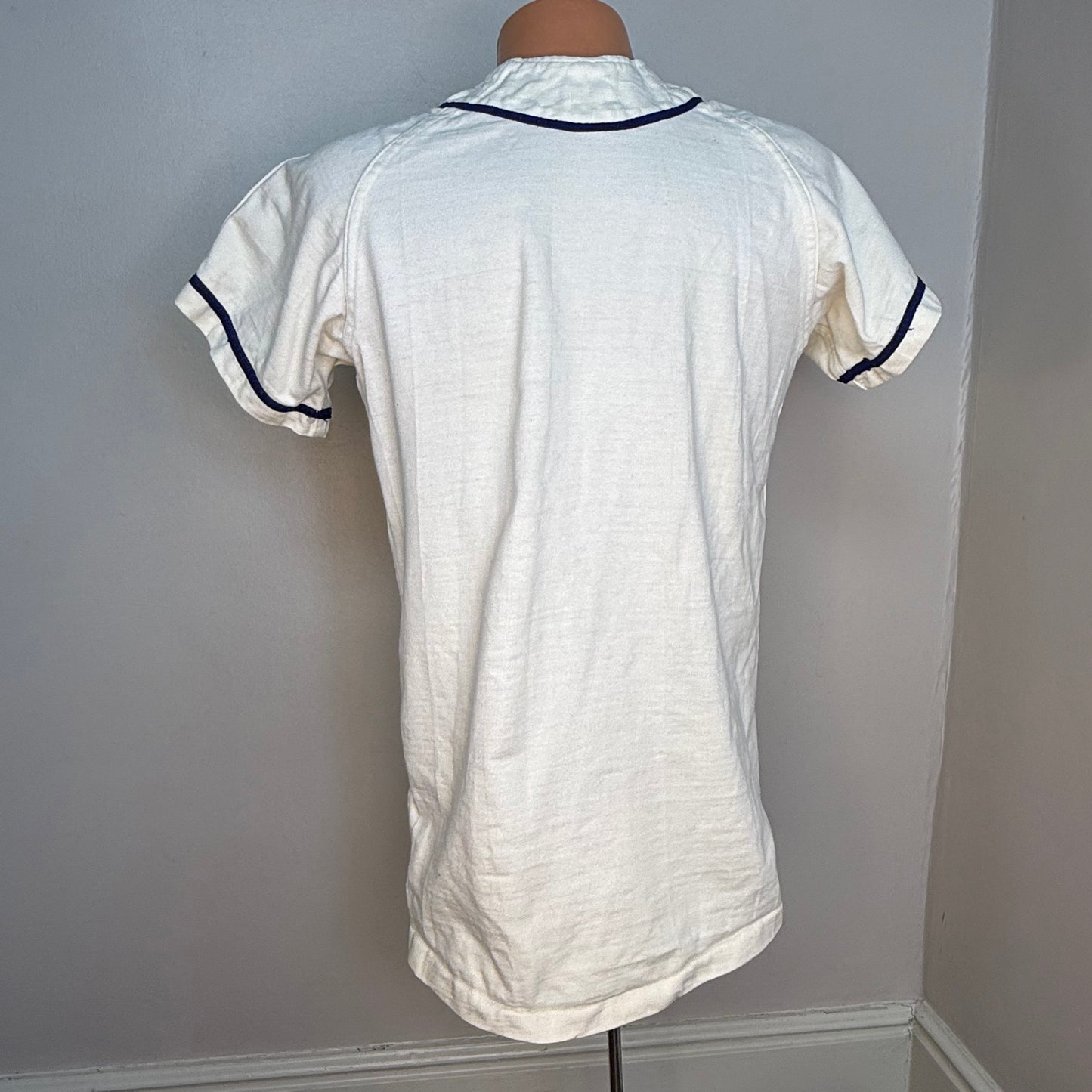 1950s Baseball Jersey, Zip Up Shirt, Russell Southern Co Size Small, Blank White with Blue Trim