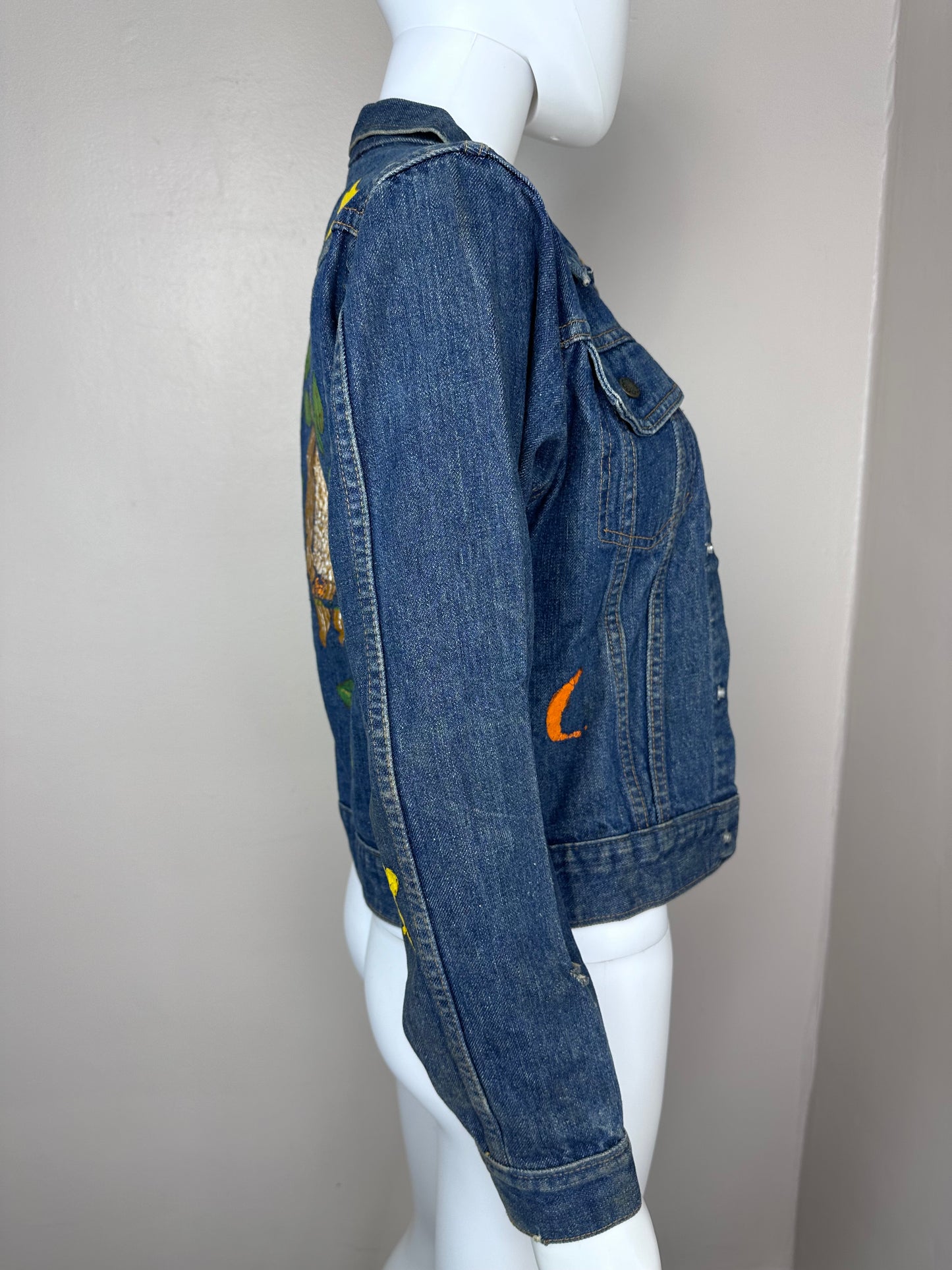 1970s Denim Jacket, Hand Painted, Size Youth Large/Adult XS