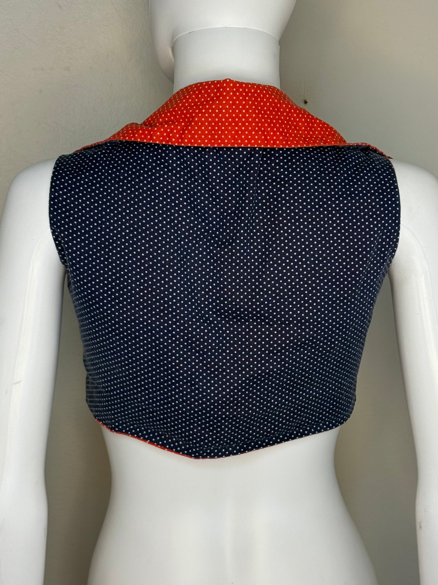 1970s Cropped Tie Front Reversible Blouse, Mr Topper Size M-L, Red and Navy Blue Polka Dot