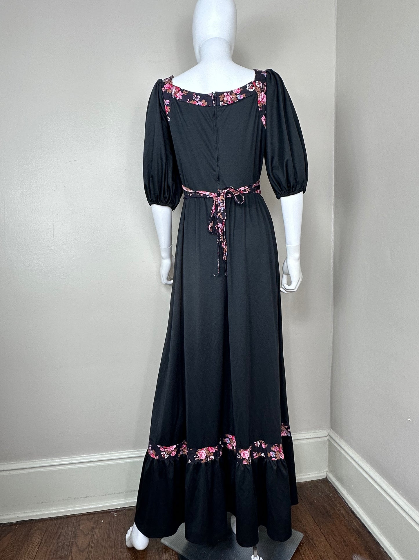 1970s Black Prairie Maxi Dress with Floral Trim, Jody of California Size Medium