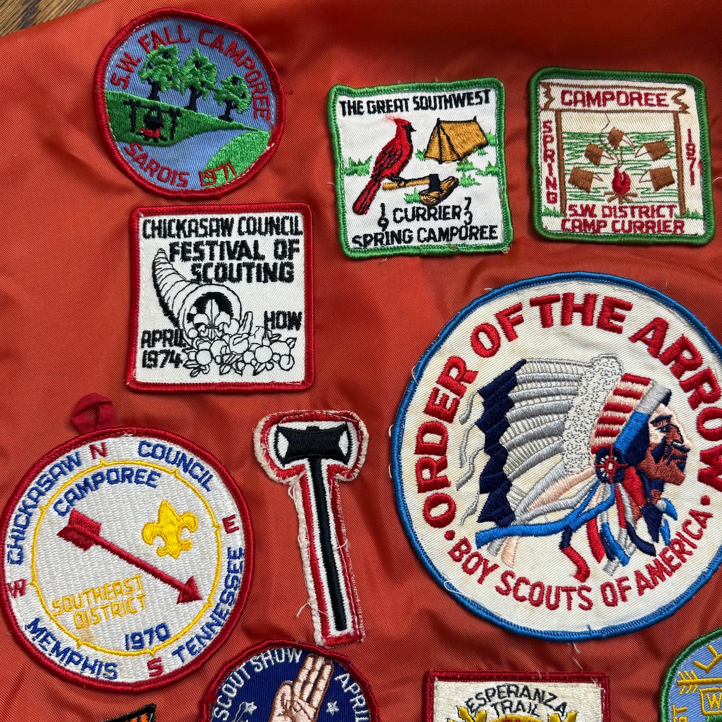 1960s Orange Nylon Jacket with 60s/70s Boy Scouts Camp Patches, Size Medium, Order of the Arrow, BSA