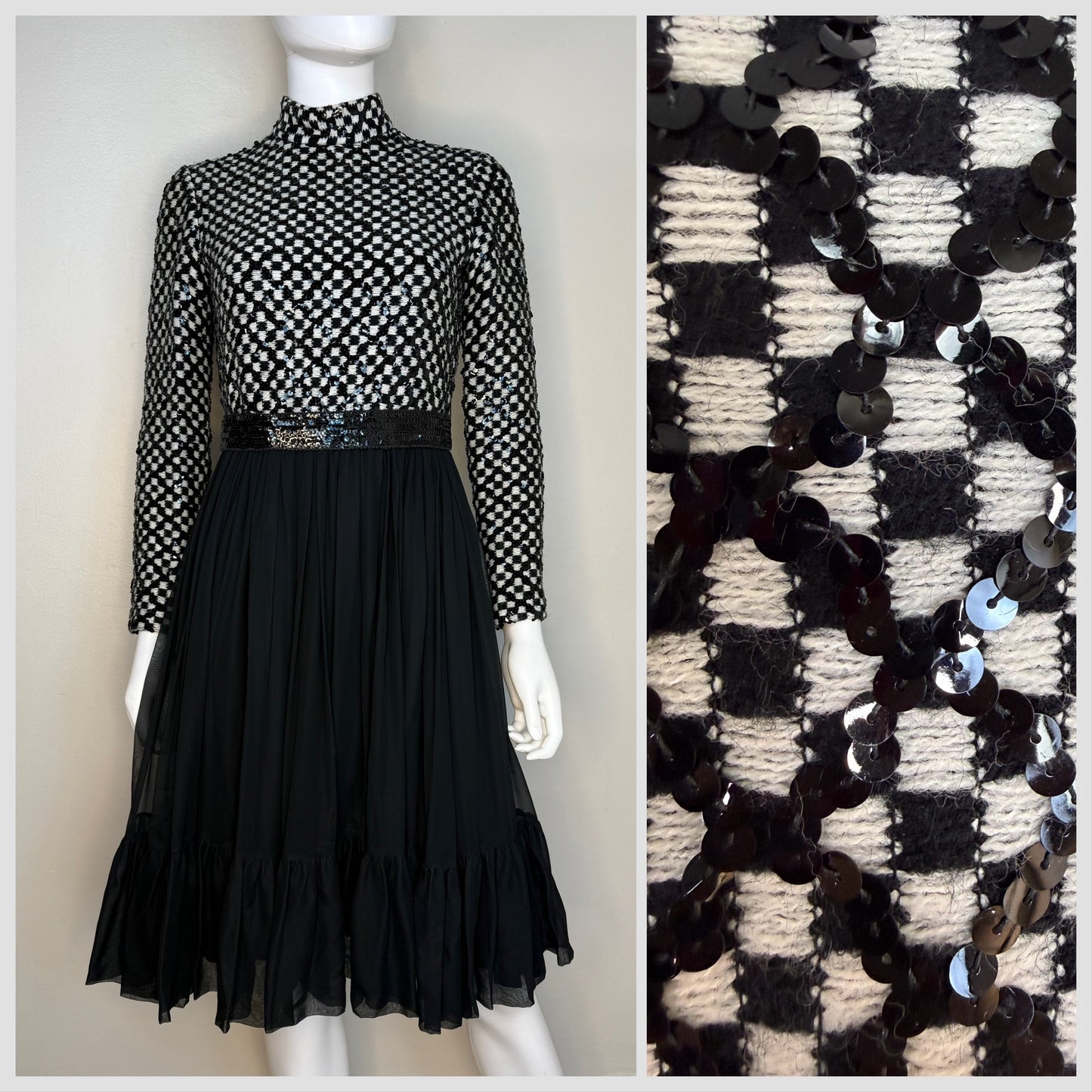 1960s/70s Sequin Mod Dress, Black and White Check, Size X-Small