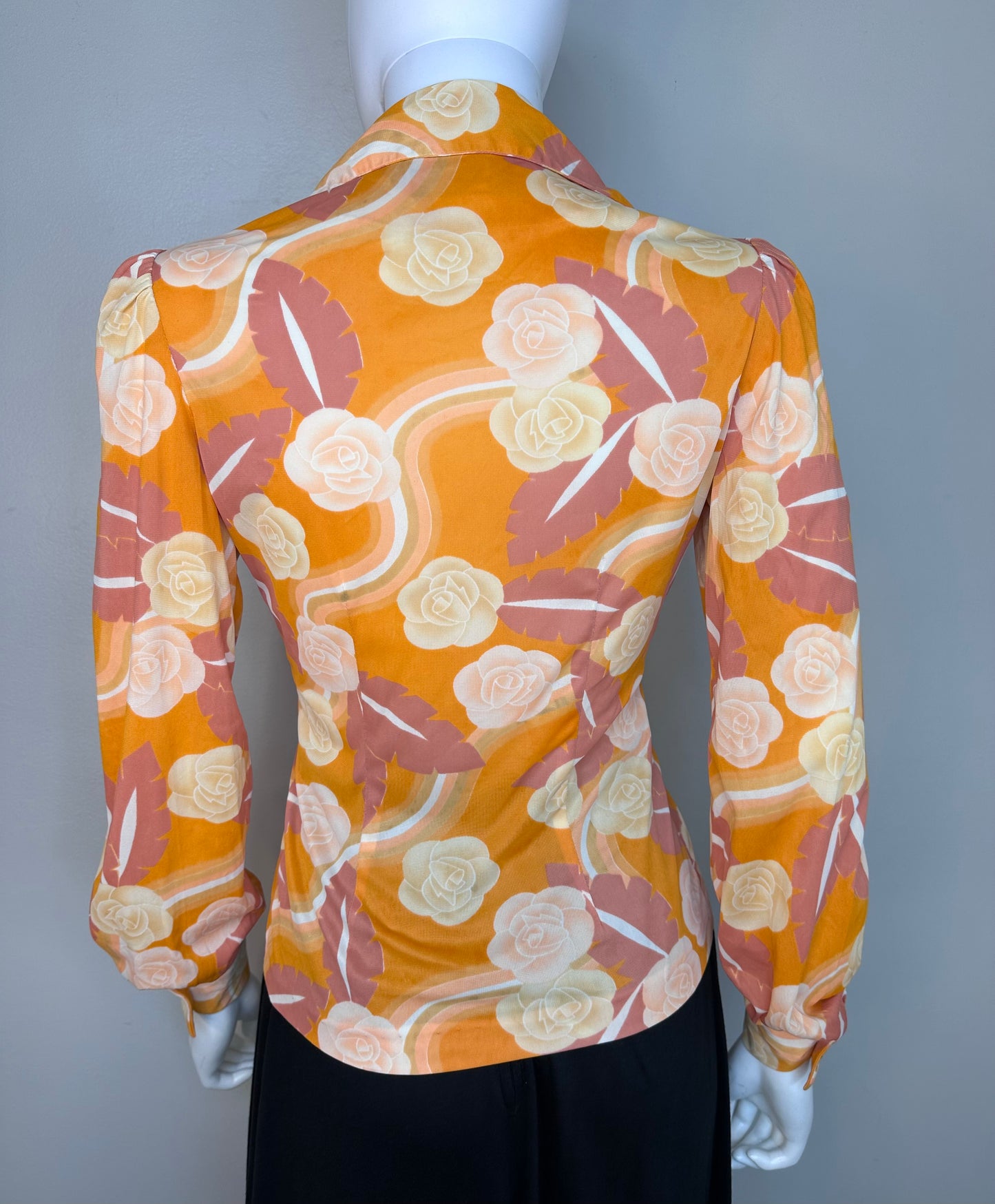 1970s Orange Floral Blouse with Big Buttons, Bronson of California Size XS, 70s does 40s