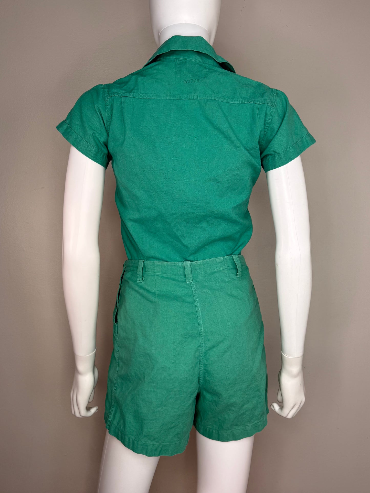 1940s Green School Gym Uniform, Pullover Top and Side Button Shorts, E R Moore Company Athletic Apparel Size X-Small, Gymcloth Gym Suit Set