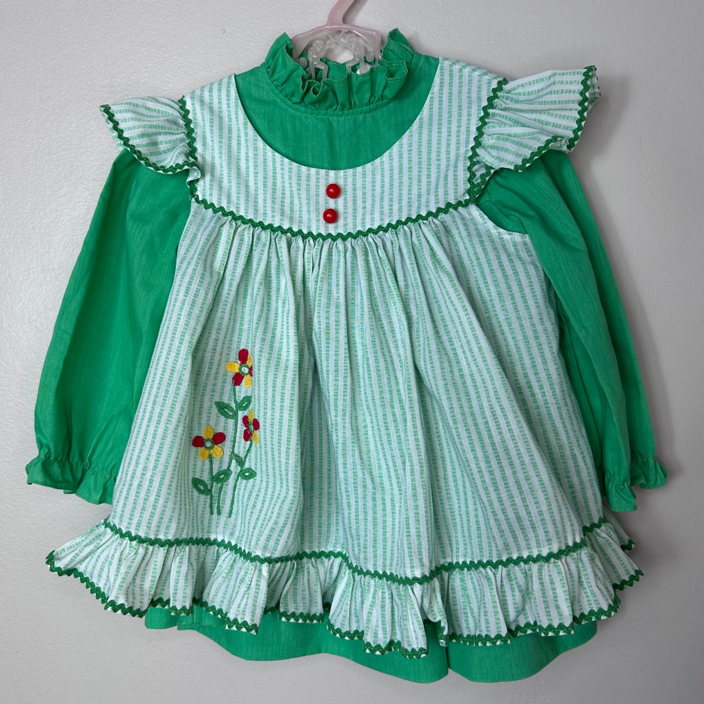 1970s/80s Green Stripe Pinafore Dress Set, Size 2T, Floral Applique