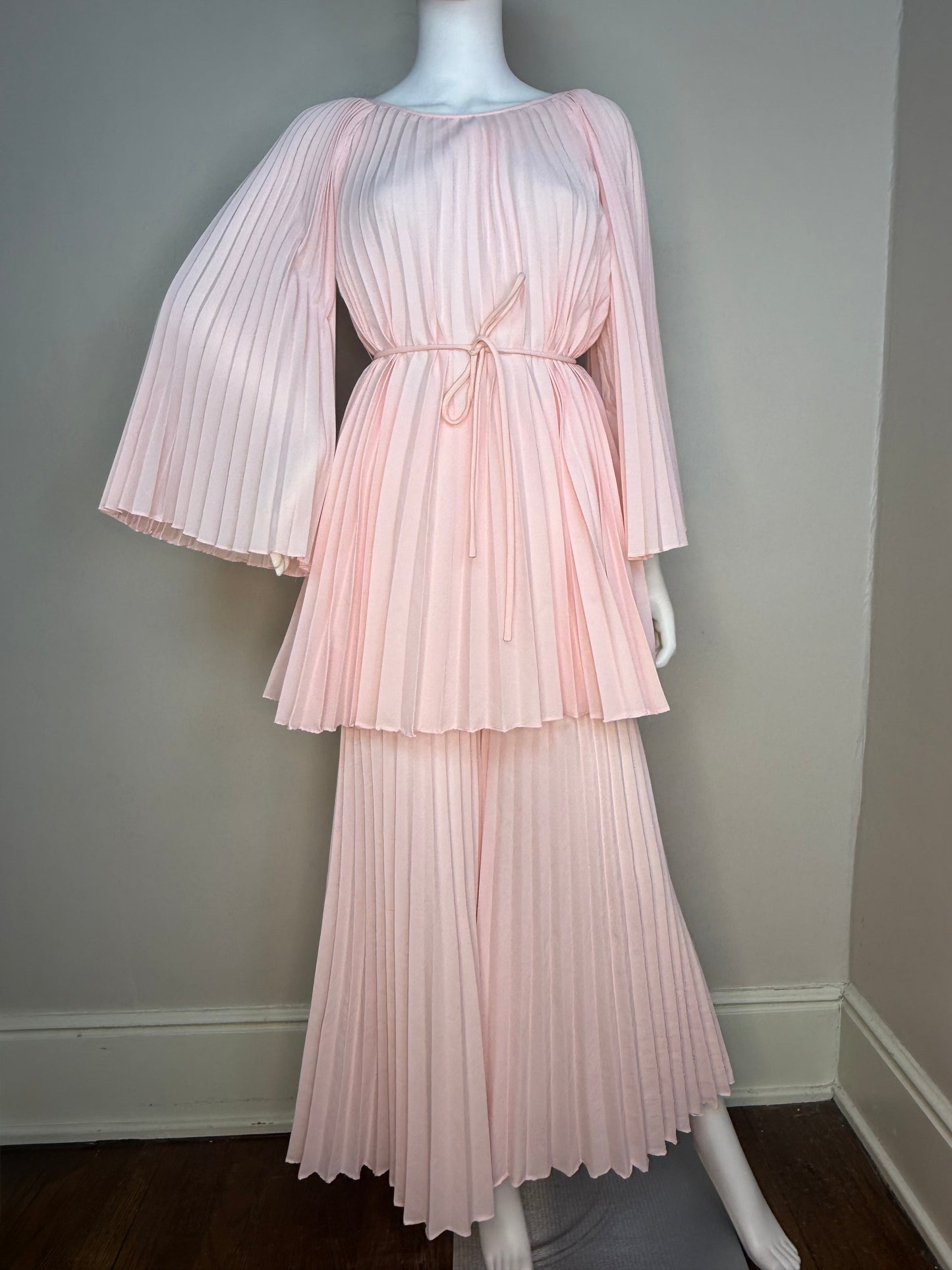 1960s Pastel Pink Pleated Mini Dress and Palazzo Pants Set, Bell Sleeves, Extra Wide Legs, Size XS-Small