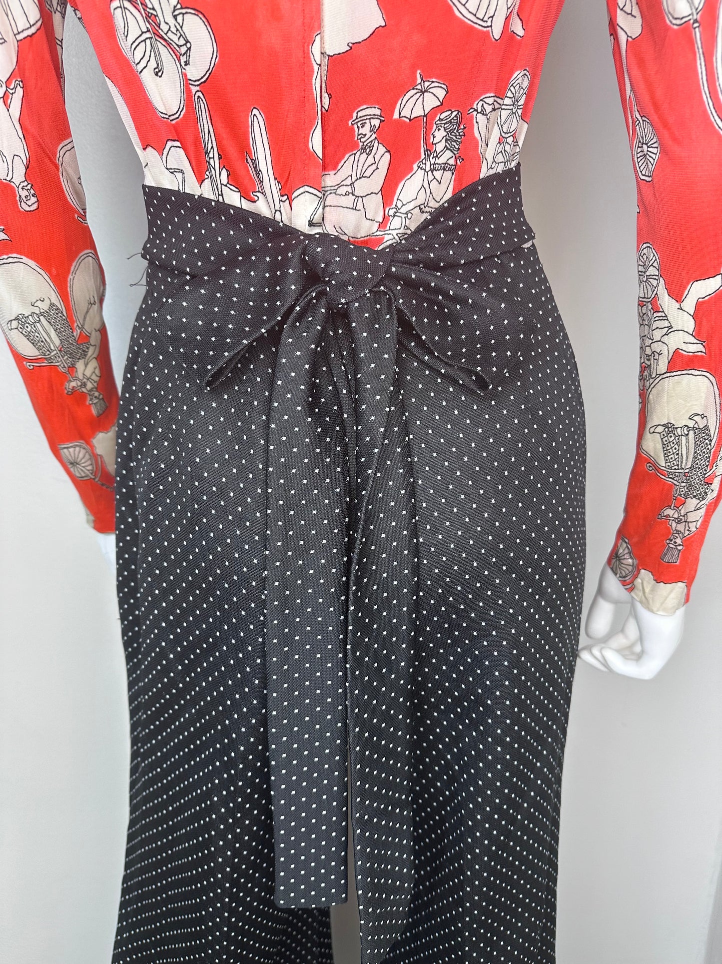 1970s Bellbottom Jumpsuit, PBJ by Jerell Size Small, Antique Bicycle Print Top, Polka Dot Pants