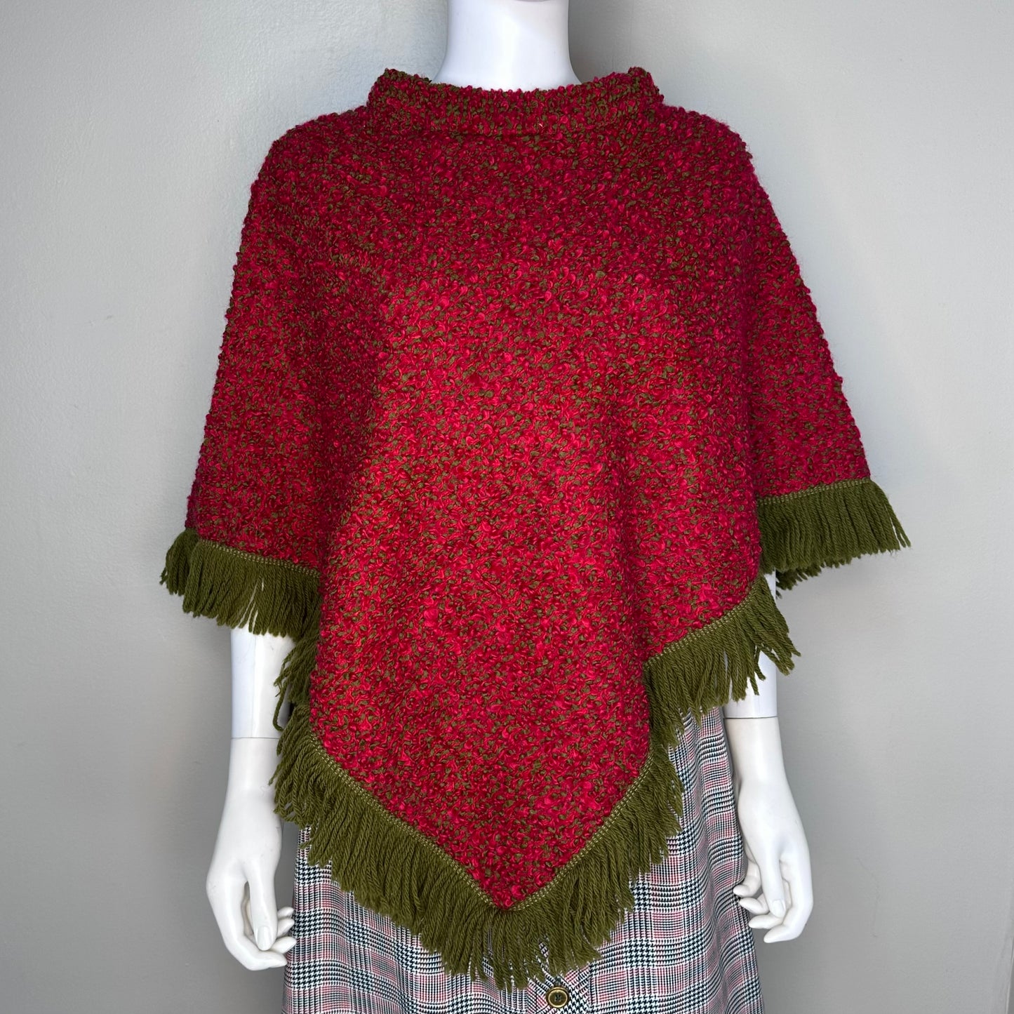 1960s/70s Red and Green Boucle Poncho with Fringe, Handmade Size Small