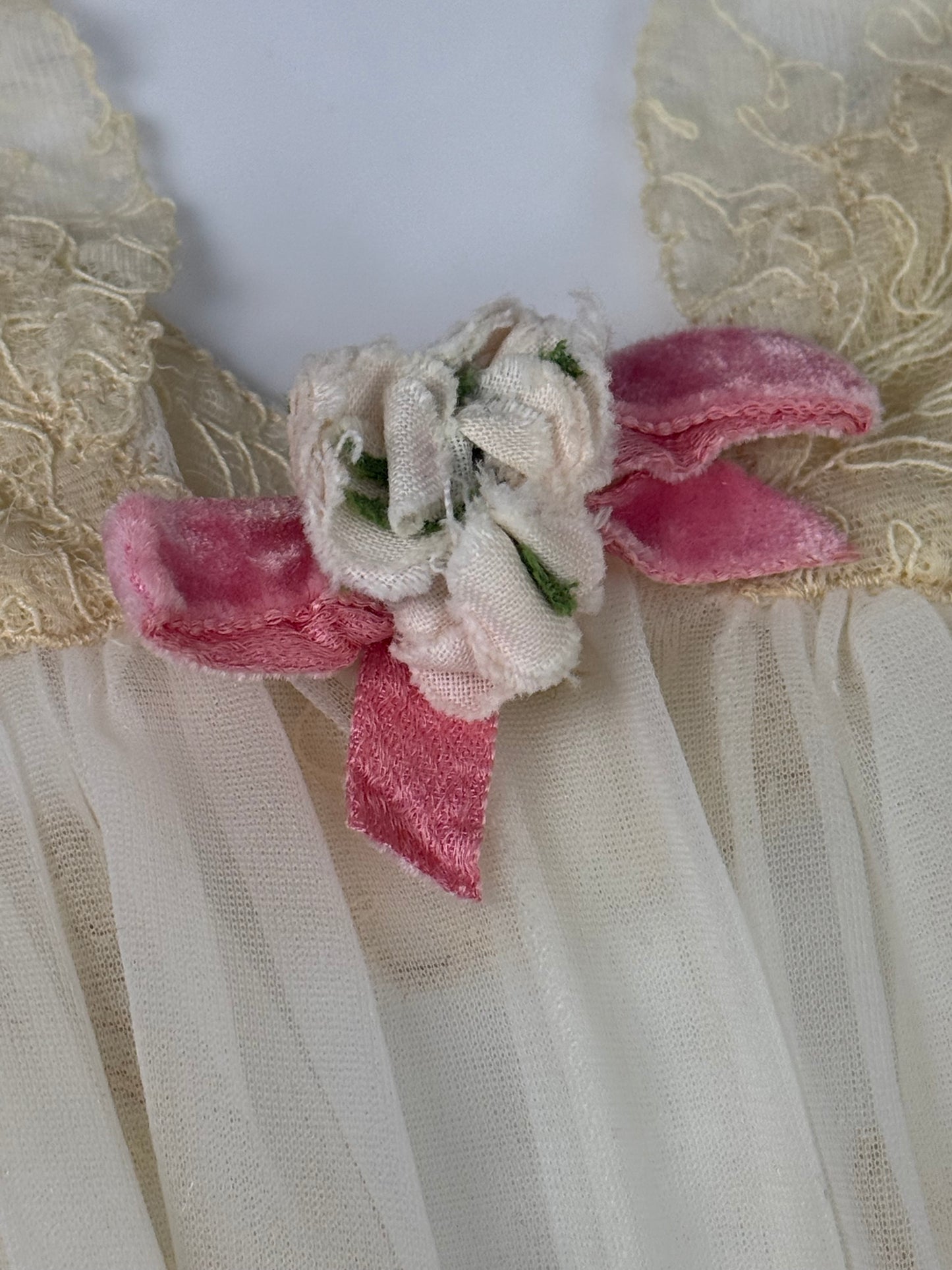 1950s Full Length Peignoir Set with Full Sweep, Sheer Off White Nylon with Cream Lace and Pink Ribbon, Yolande Size 32, XS, Night Gown and Robe, Bridal Lingerie