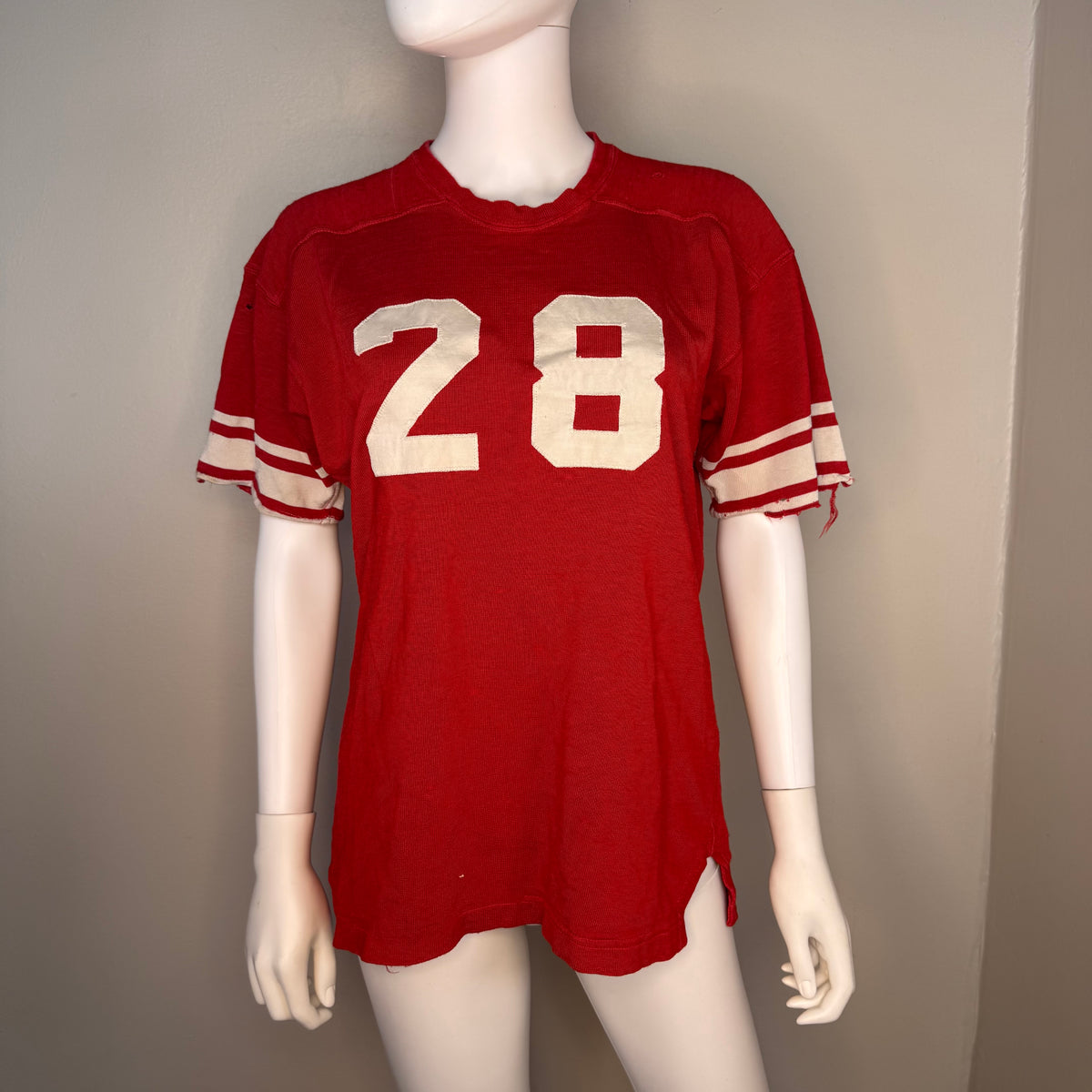 1960s Red Durene Jersey, Action-Tailored by Rawlings Size 44, No 28, Distressed