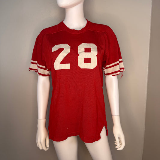 1960s Red Durene Jersey, Action-Tailored by Rawlings Size 44, No 28, Distressed