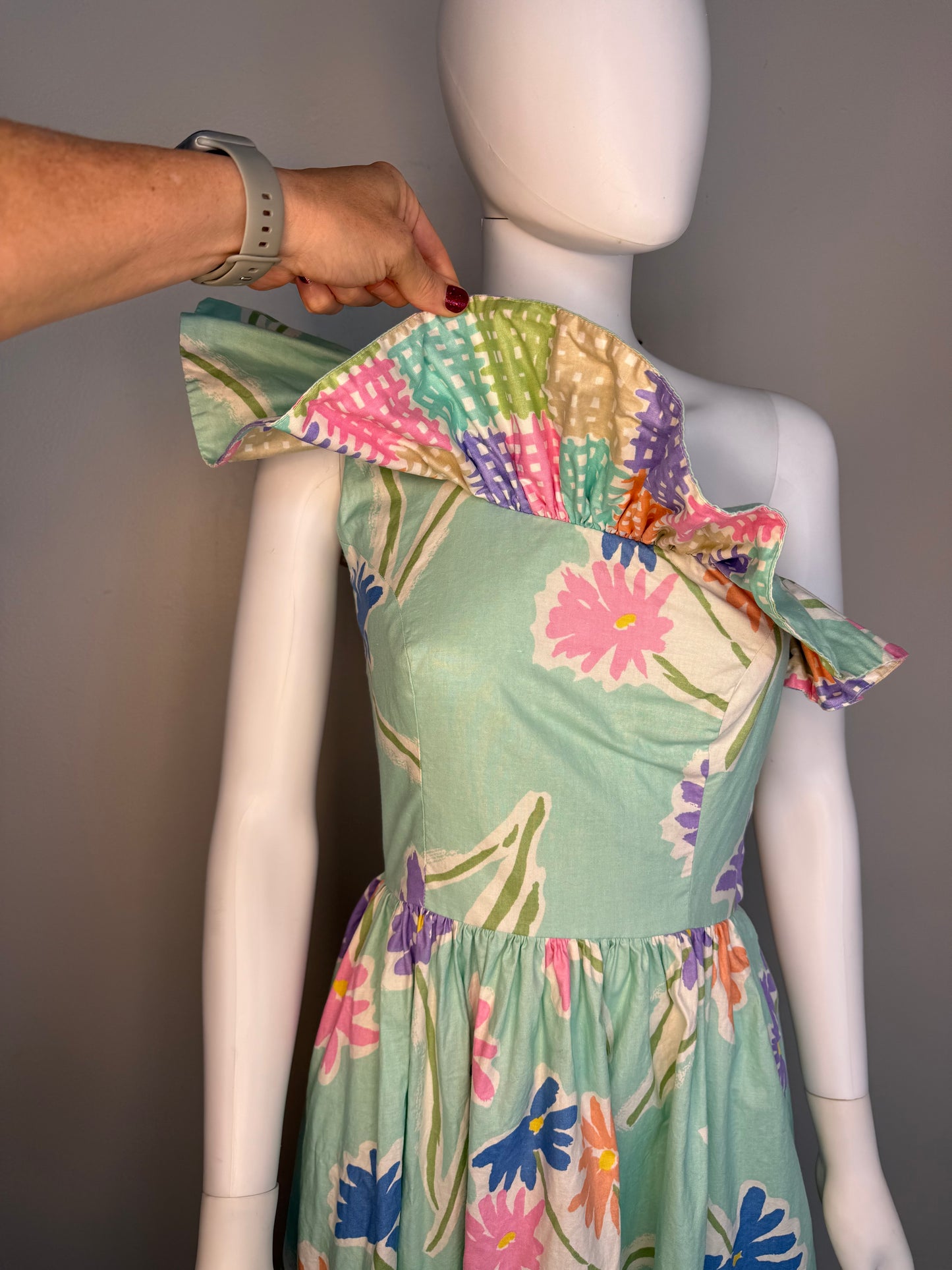 1980s Pastel Green Floral One Shoulder Dress, Blair Woolverton Size XS, Asymmetrical