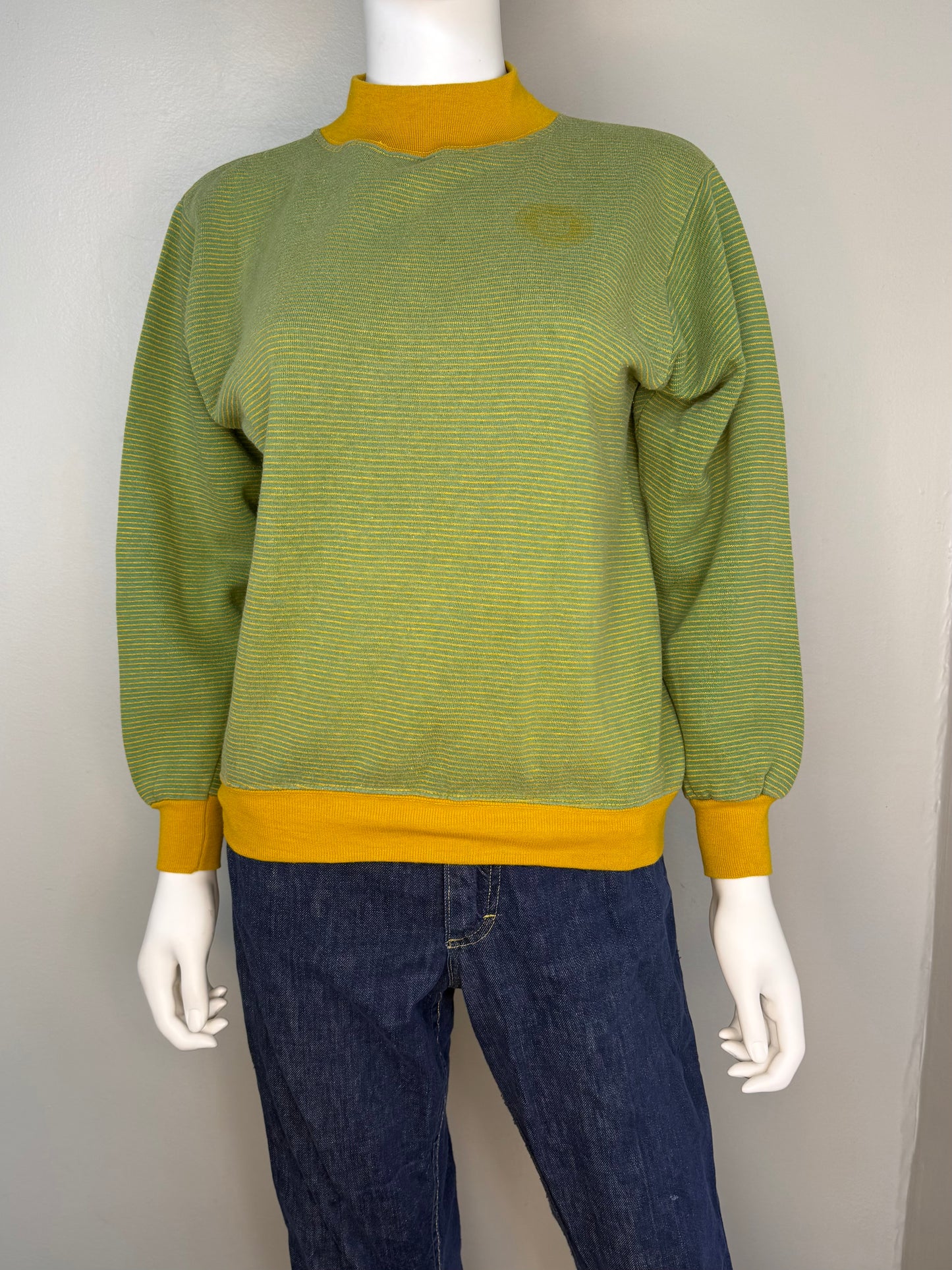 1960s Green and Yellow Micro Stripe Sweatshirt, Champion Size Medium, Running Man Tag, Mock Neck
