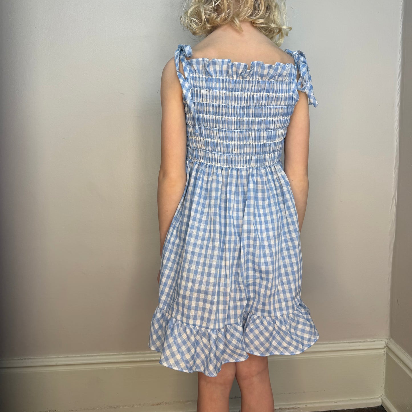 1970s Girls’ Blue Gingham Sundress with Matching Bloomers, Holiday Sportswear of Miami Size 8/10
