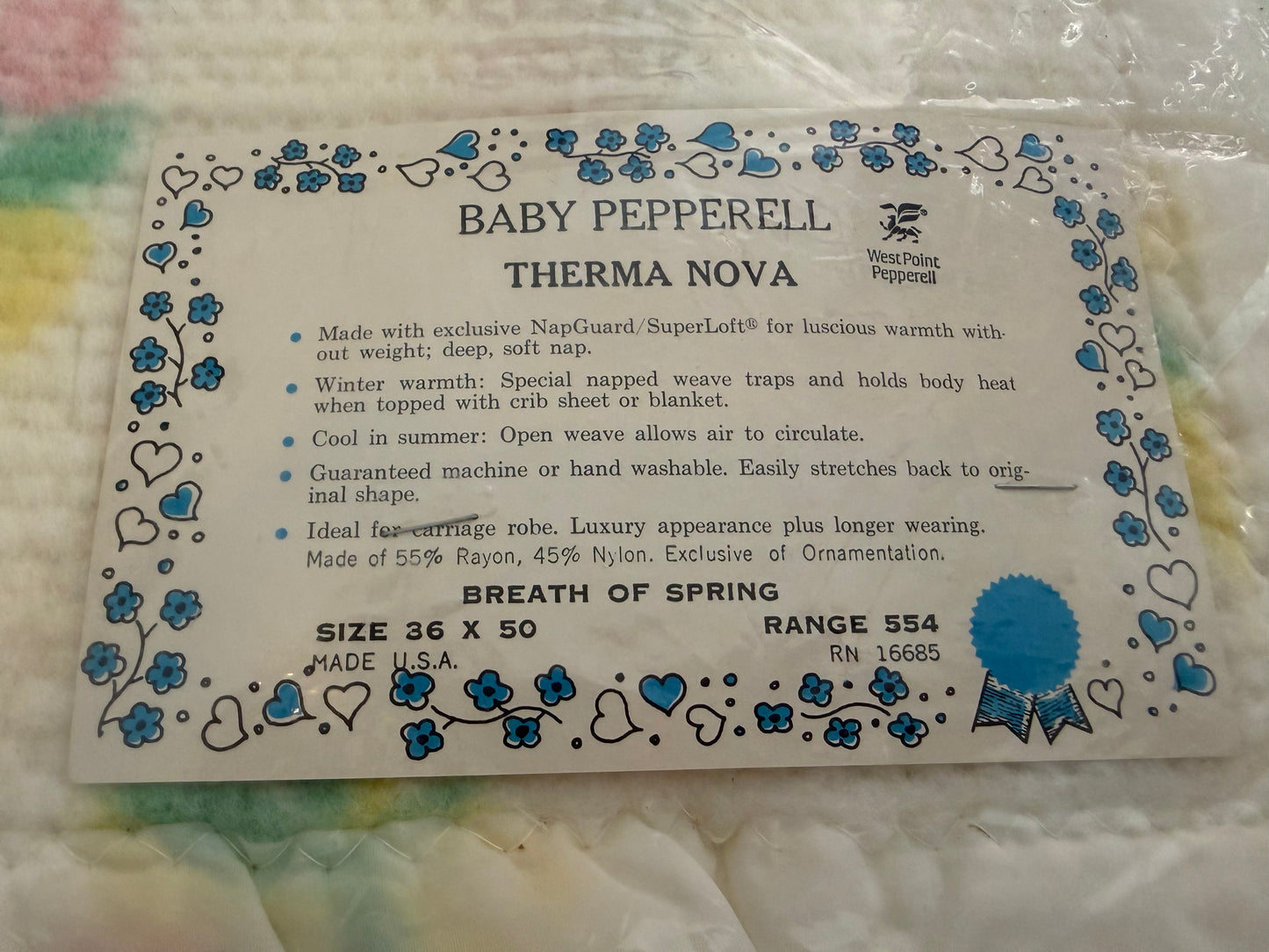 1960s Baby Pepperell Therma Nova Crib Blanket with Satin Binding, Breath of Spring Pastel Floral Print, Rayon Nylon Blend, New in Package