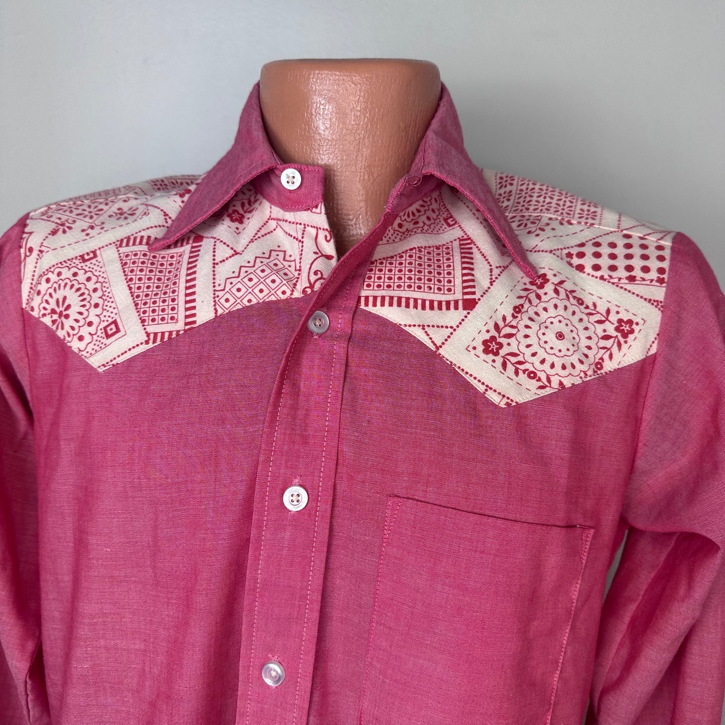 1970s Red Western Shirt with Bandana Print Yoke, James Davis Size Small