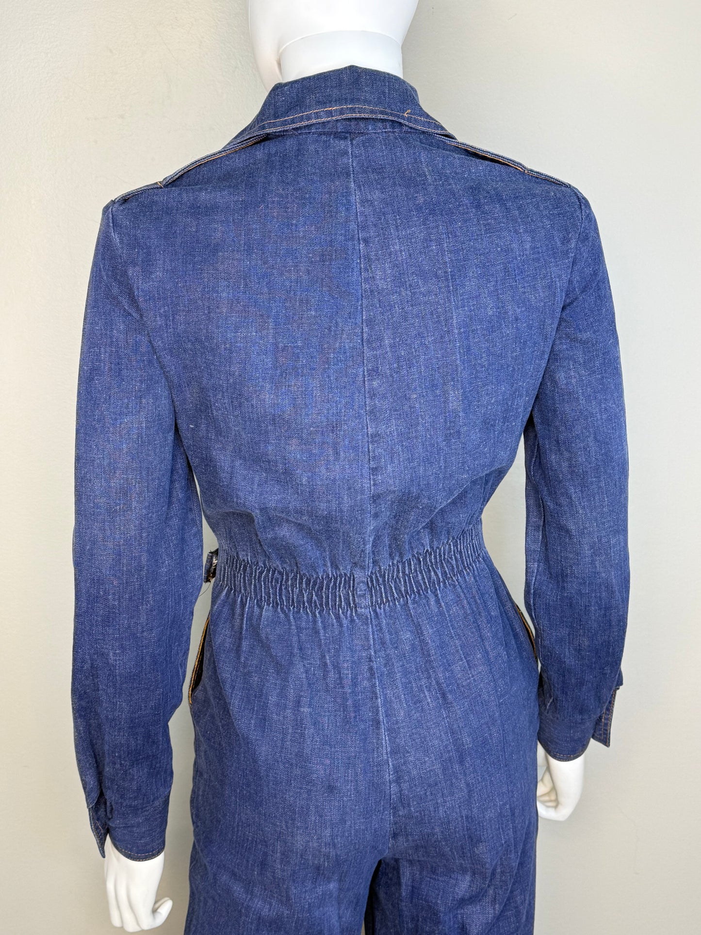 1970s Denim Zip Up Jumpsuit, Long Sleeve, Flare Leg, Sears Jr Bazaar XS/Small Tall