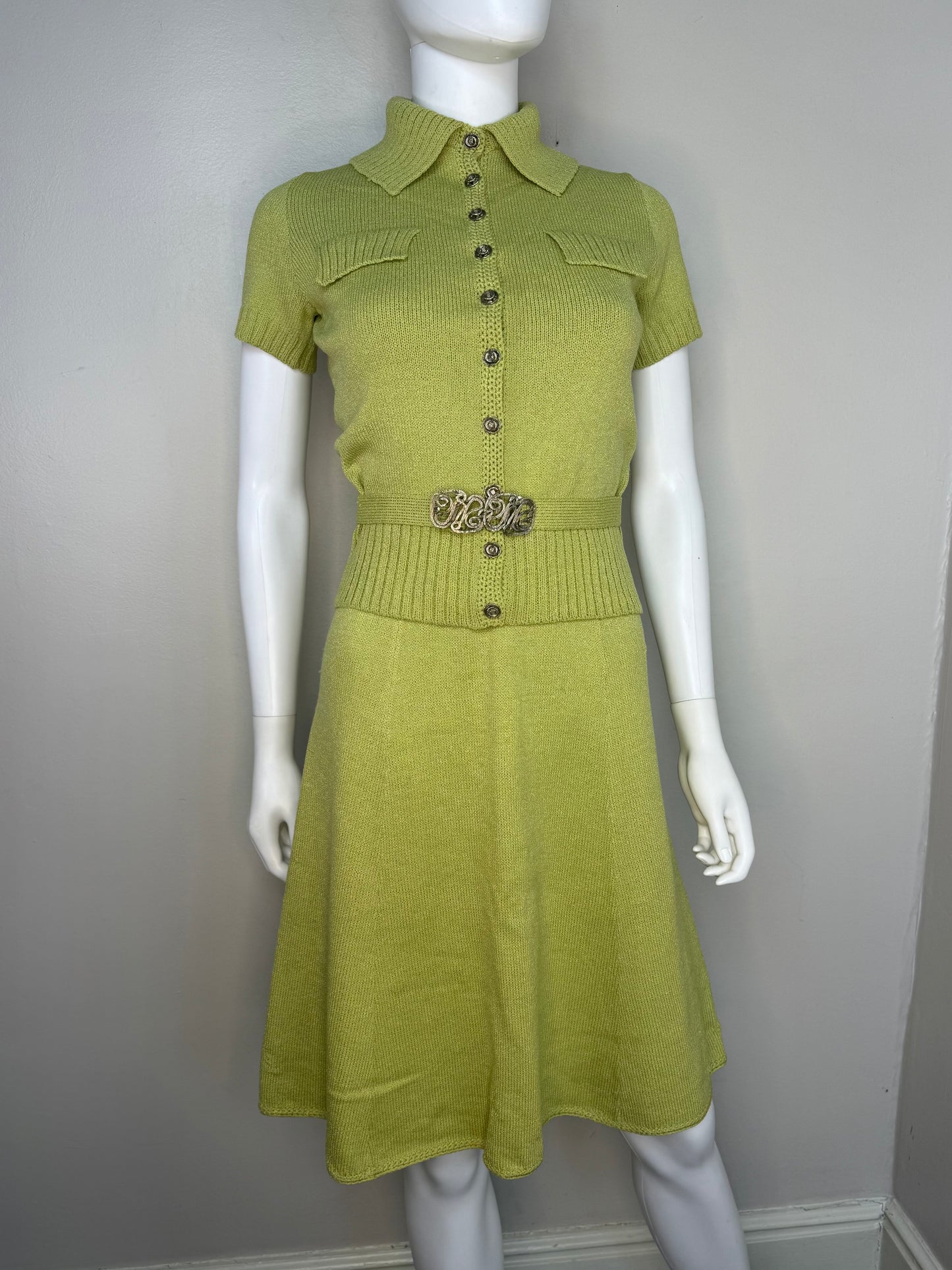 1960s/70s St John Knits Green Sleeveless Sweater Dress and Matching Short Sleeve Cardigan, Size XS-Small